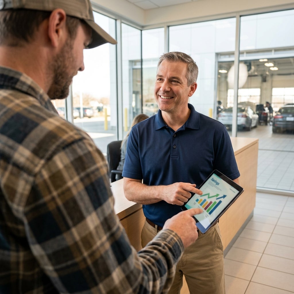 A service advisor shows savings charts on a tablet to a customer in a car dealership service center. (Representative image for illustration purposes only. Actual vehicle may vary based on trim and configuration.)