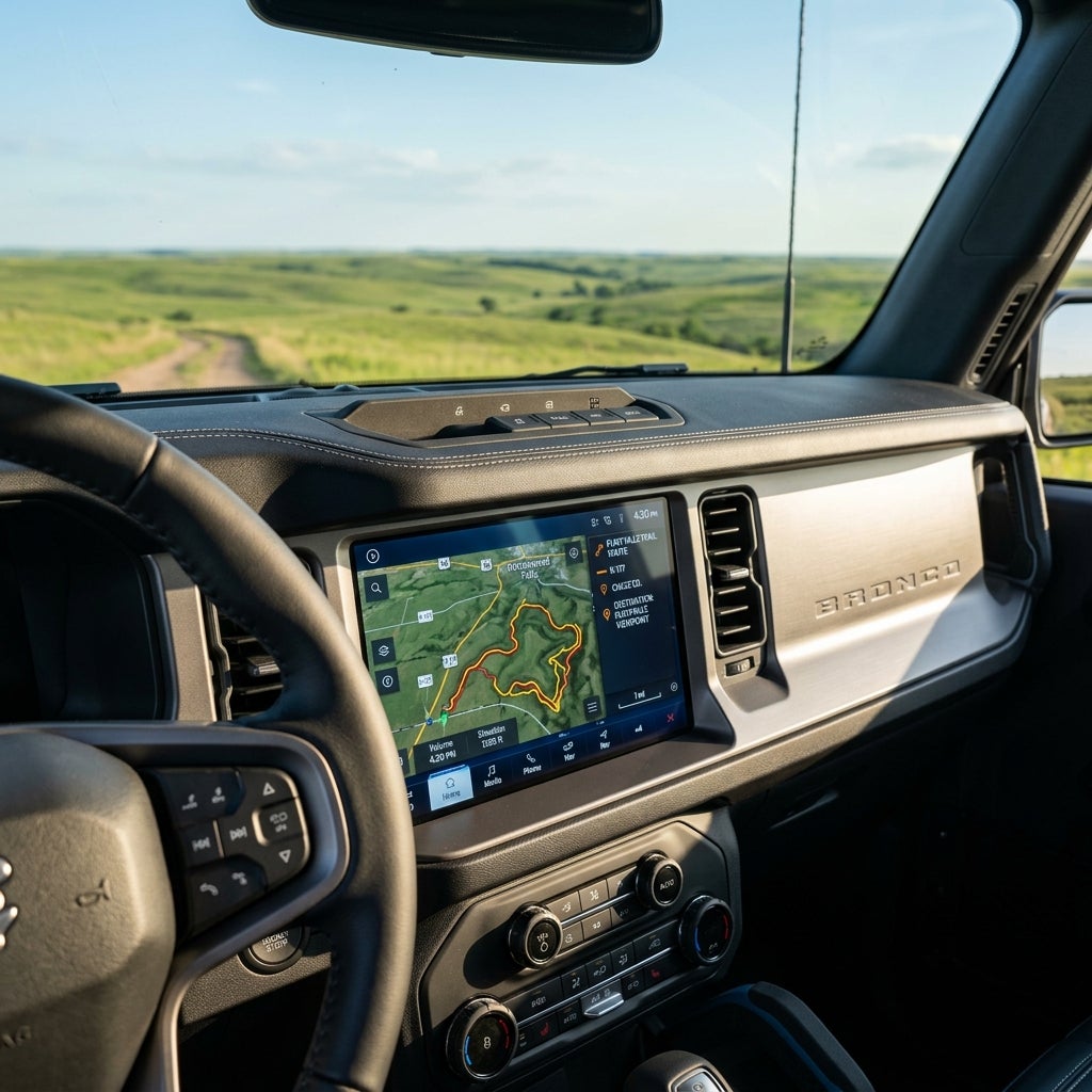 Interior view from a Ford Bronco dashboard showing an off-road map navigation screen and green hills ahead. (Representative image for illustration purposes only. Actual vehicle may vary based on trim and configuration.)