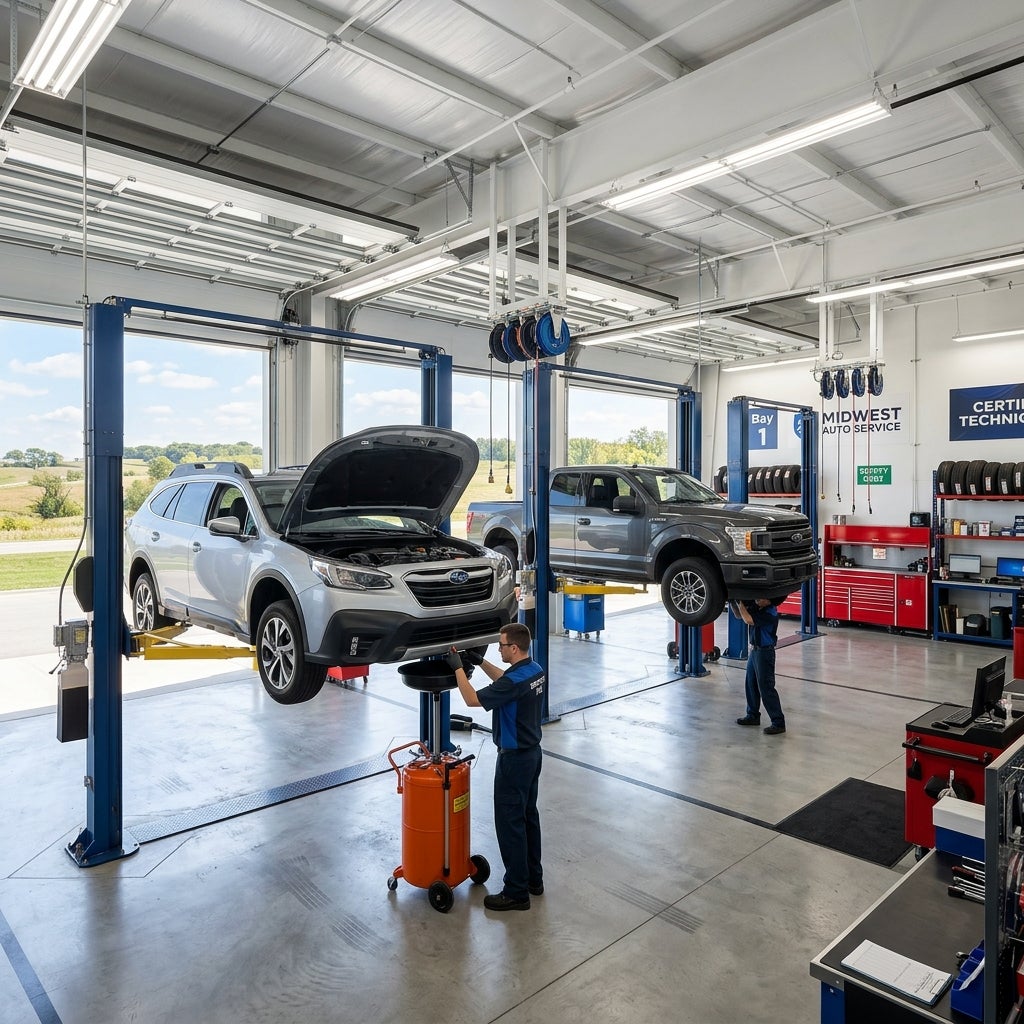 Two mechanics servicing a silver car and a gray truck raised on hydraulic lifts inside a clean auto repair shop. (Representative image for illustration purposes only. Actual vehicle may vary based on trim and configuration.)