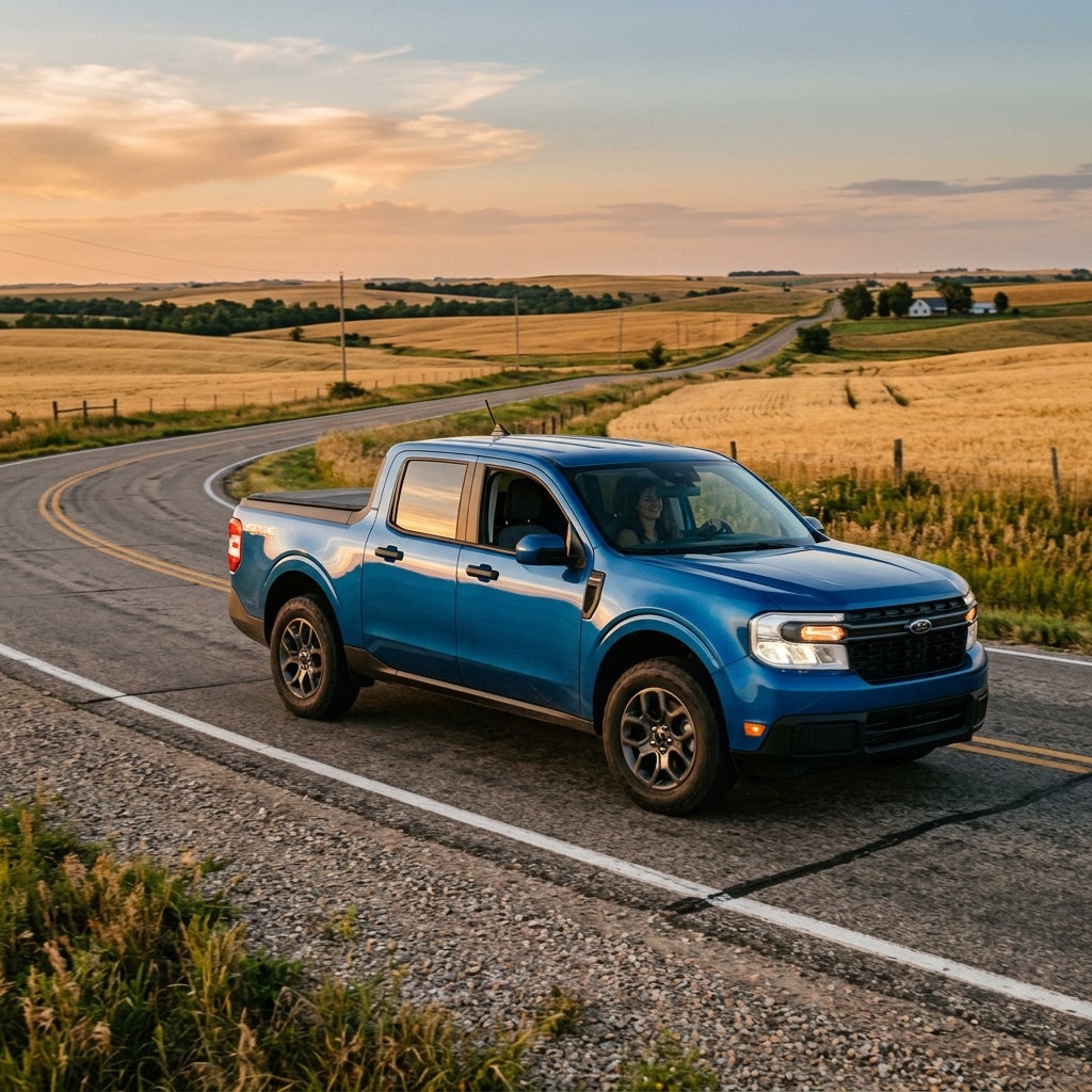A blue pickup truck driving on a winding country road through rolling golden fields at sunset. (Representative image for illustration purposes only. Actual vehicle may vary based on trim and configuration.)