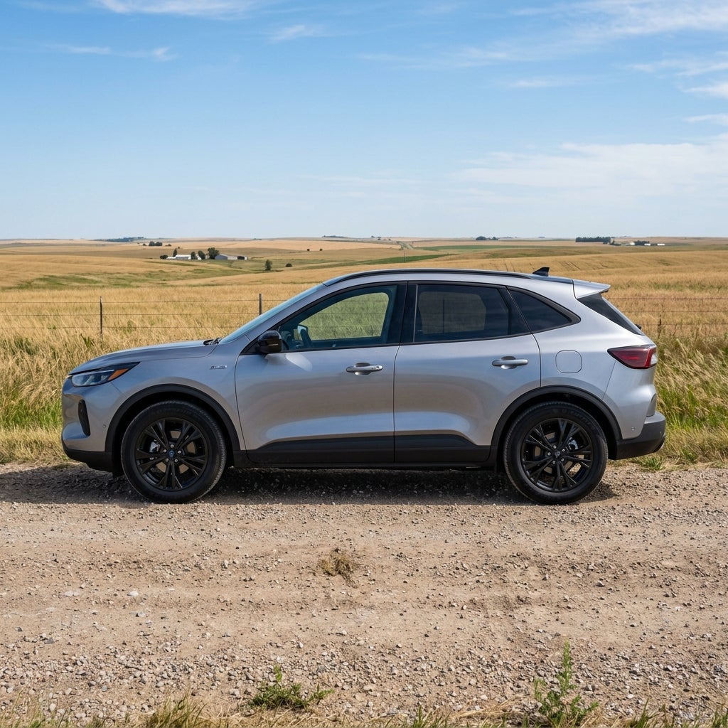 Silver compact SUV with black wheels parked on a dirt road alongside golden open fields. (Representative image for illustration purposes only. Actual vehicle may vary based on trim and configuration.)