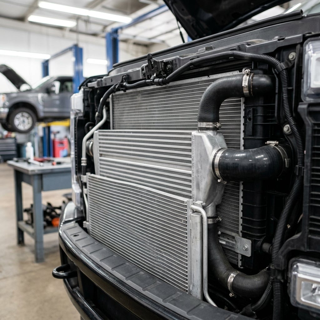 Exposed intercooler, radiator, and heavy-duty cooling hoses on the front of a truck in a mechanic shop. (Representative image for illustration purposes only. Actual vehicle may vary based on trim and configuration.)