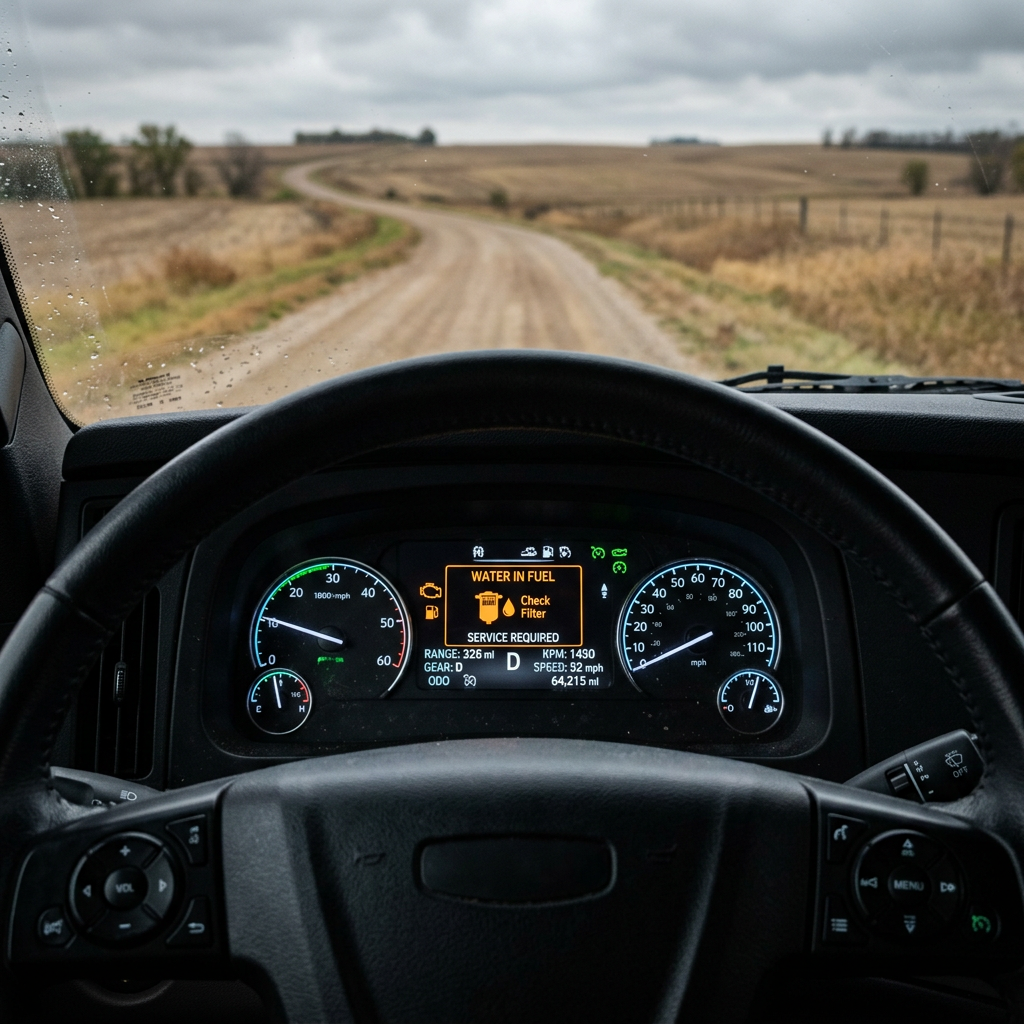 Driver's view of a car dashboard with a 'Water in Fuel' warning on a winding dirt road on a cloudy day. (Representative image for illustration purposes only. Actual vehicle may vary based on trim and configuration.)