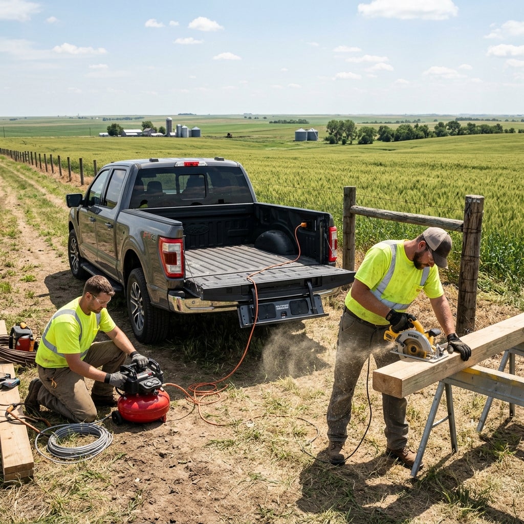 Two construction workers using power tools powered by a pickup truck's outlet in a rural field. (Representative image for illustration purposes only. Actual vehicle may vary based on trim and configuration.)
