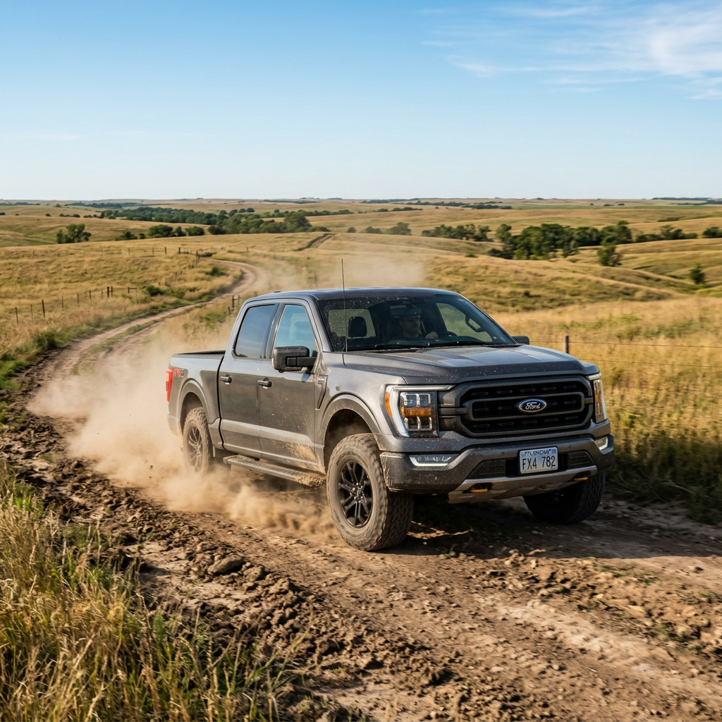 A gray Ford F-150 truck driving on a dusty dirt road through a grassy, rolling prairie landscape. (Representative image for illustration purposes only. Actual vehicle may vary based on trim and configuration.)