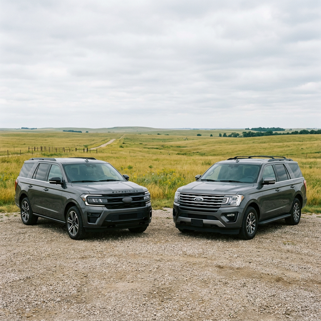 Two grey Ford Expedition SUVs parked side-by-side on a gravel path with a grassy rolling hills landscape behind them (Representative image for illustration purposes only. Actual vehicle may vary based on trim and configuration.)