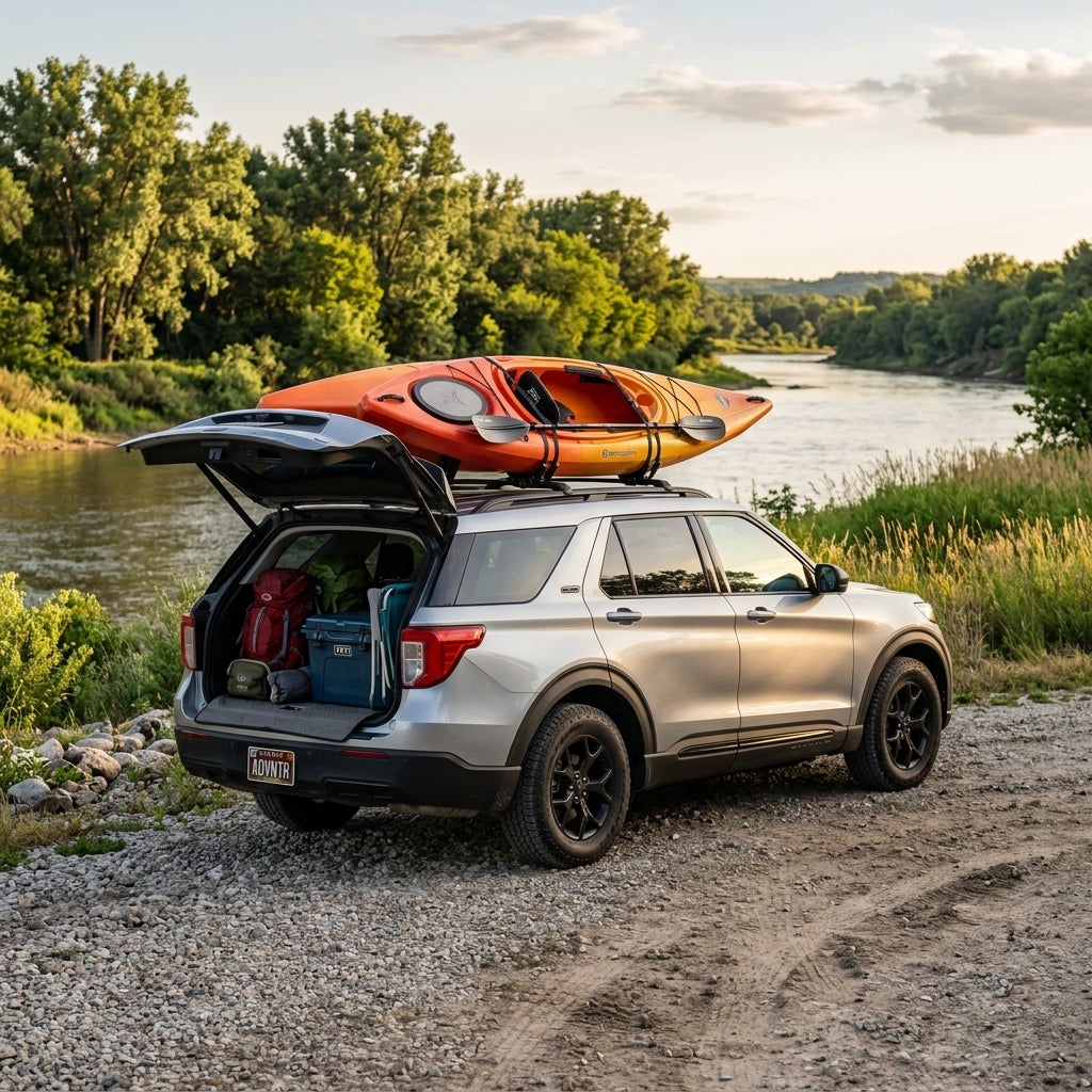 Silver SUV parked by a river with an orange kayak on its roof rack and open trunk loaded with camping gear. (Representative image for illustration purposes only. Actual vehicle may vary based on trim and configuration.)