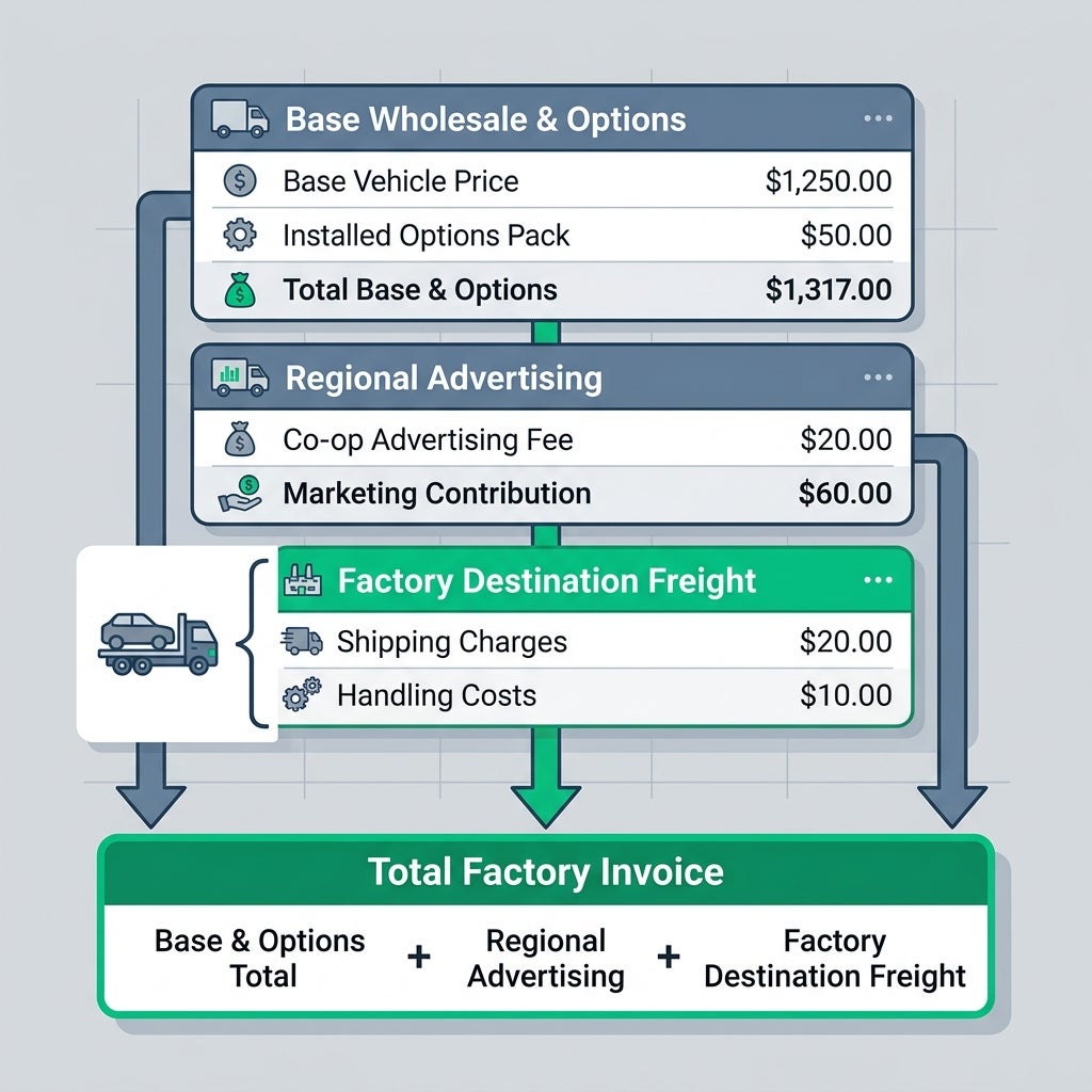 Infographic showing factory invoice breakdown: Base & Options, Regional Advertising, and Destination Freight. (Representative image for illustration purposes only. Actual vehicle may vary based on trim and configuration.)