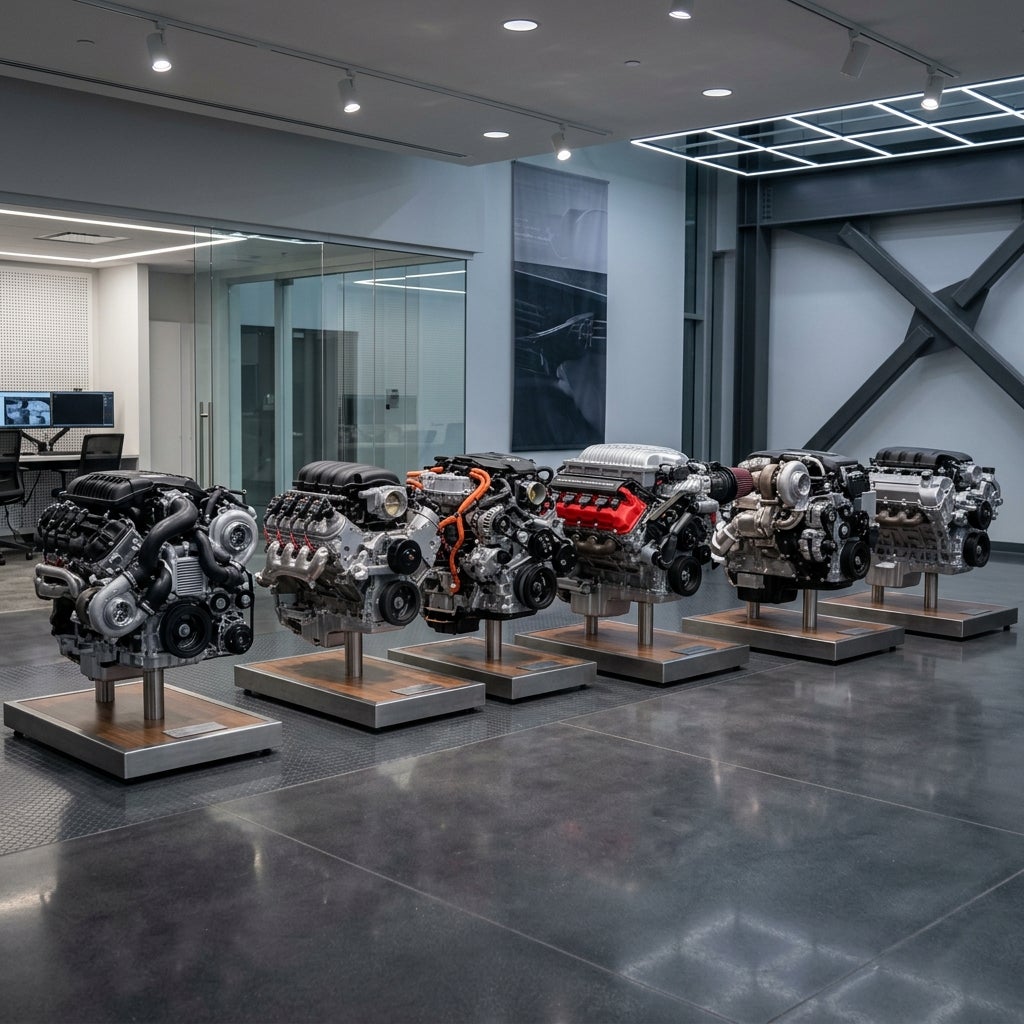 Six high-performance car engines displayed in a row on wooden pedestals inside a sleek modern facility. (Representative image for illustration purposes only. Actual vehicle may vary based on trim and configuration.)