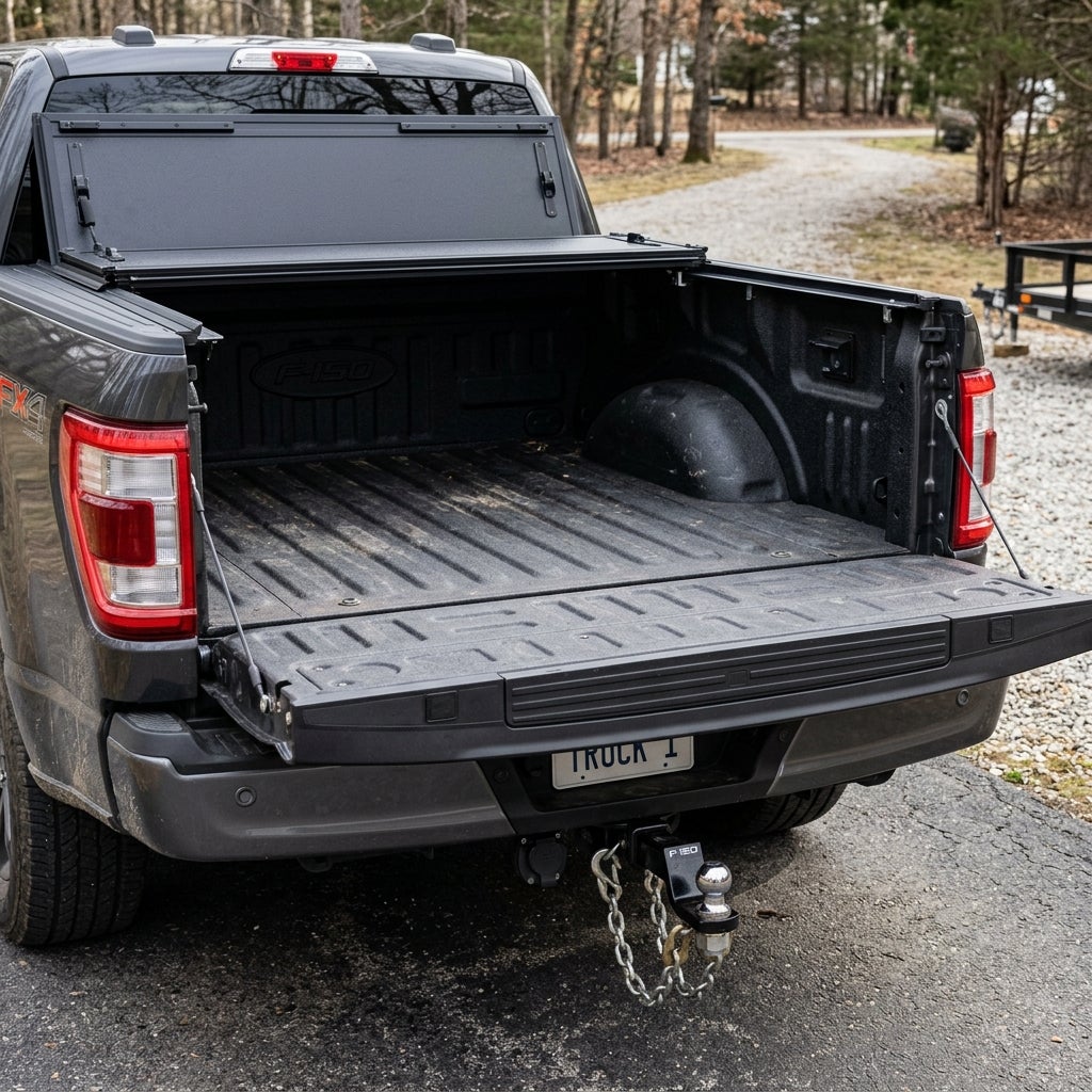 Dark gray Ford F-150 pickup truck with its tailgate open, showing the empty truck bed and a trailer hitch. (Representative image for illustration purposes only. Actual vehicle may vary based on trim and configuration.)