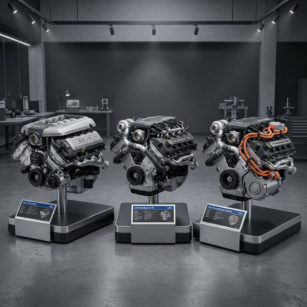 Three automotive engines, including a V8 and a hybrid V6, showcased on pedestals inside a modern studio. (Representative image for illustration purposes only. Actual vehicle may vary based on trim and configuration.)