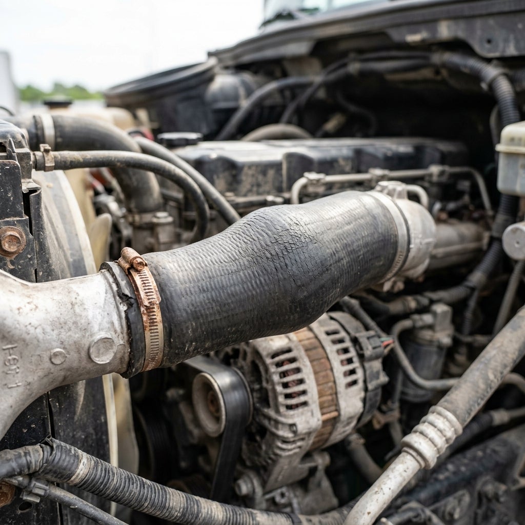 Severely dry-rotted and cracked black rubber engine hose connected to a metal pipe with a rusty hose clamp. (Representative image for illustration purposes only. Actual vehicle may vary based on trim and configuration.)