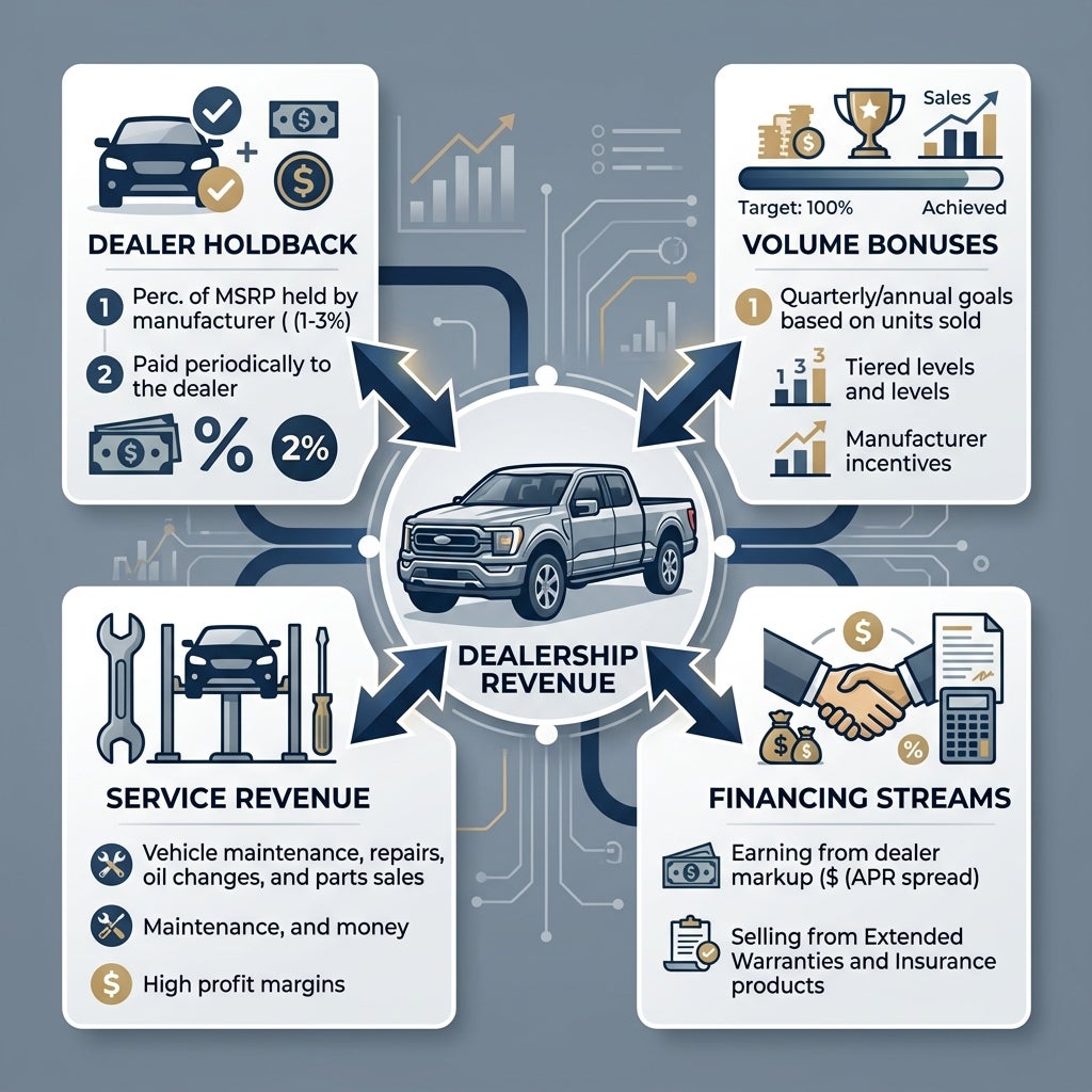 Infographic showing four car dealership revenue streams: dealer holdback, volume bonuses, service, and financing. (Representative image for illustration purposes only. Actual vehicle may vary based on trim and configuration.)