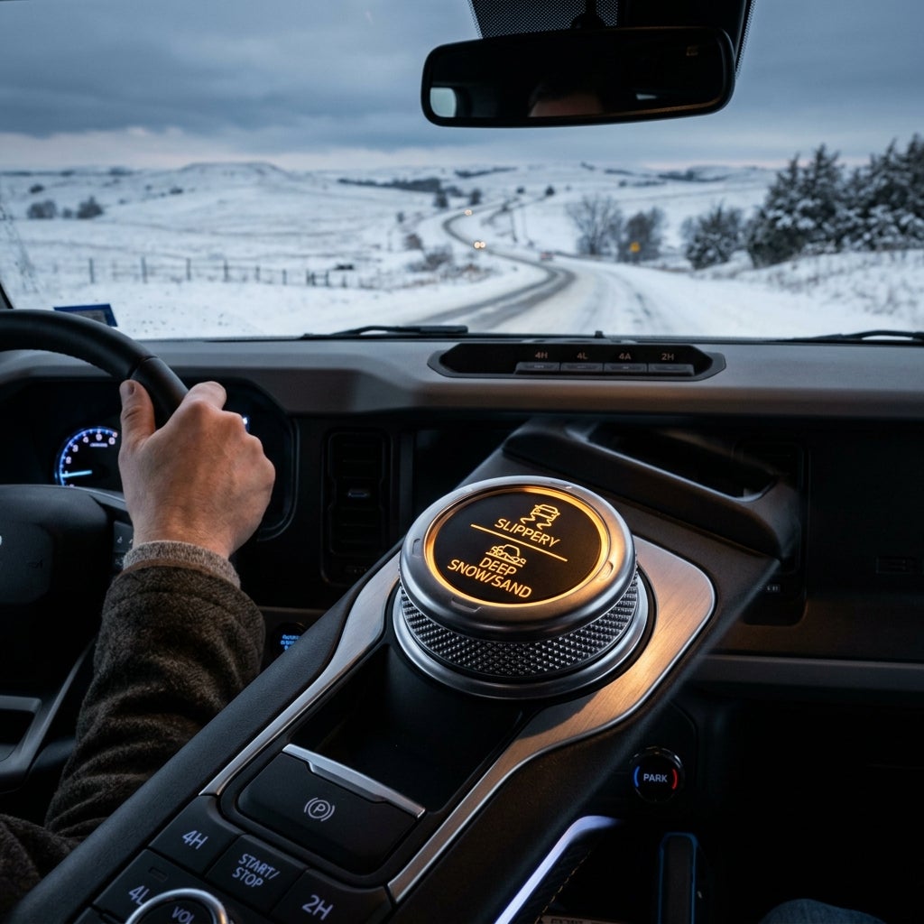 View from a car interior driving on a snowy road with the center console dial set to Slippery mode. (Representative image for illustration purposes only. Actual vehicle may vary based on trim and configuration.)