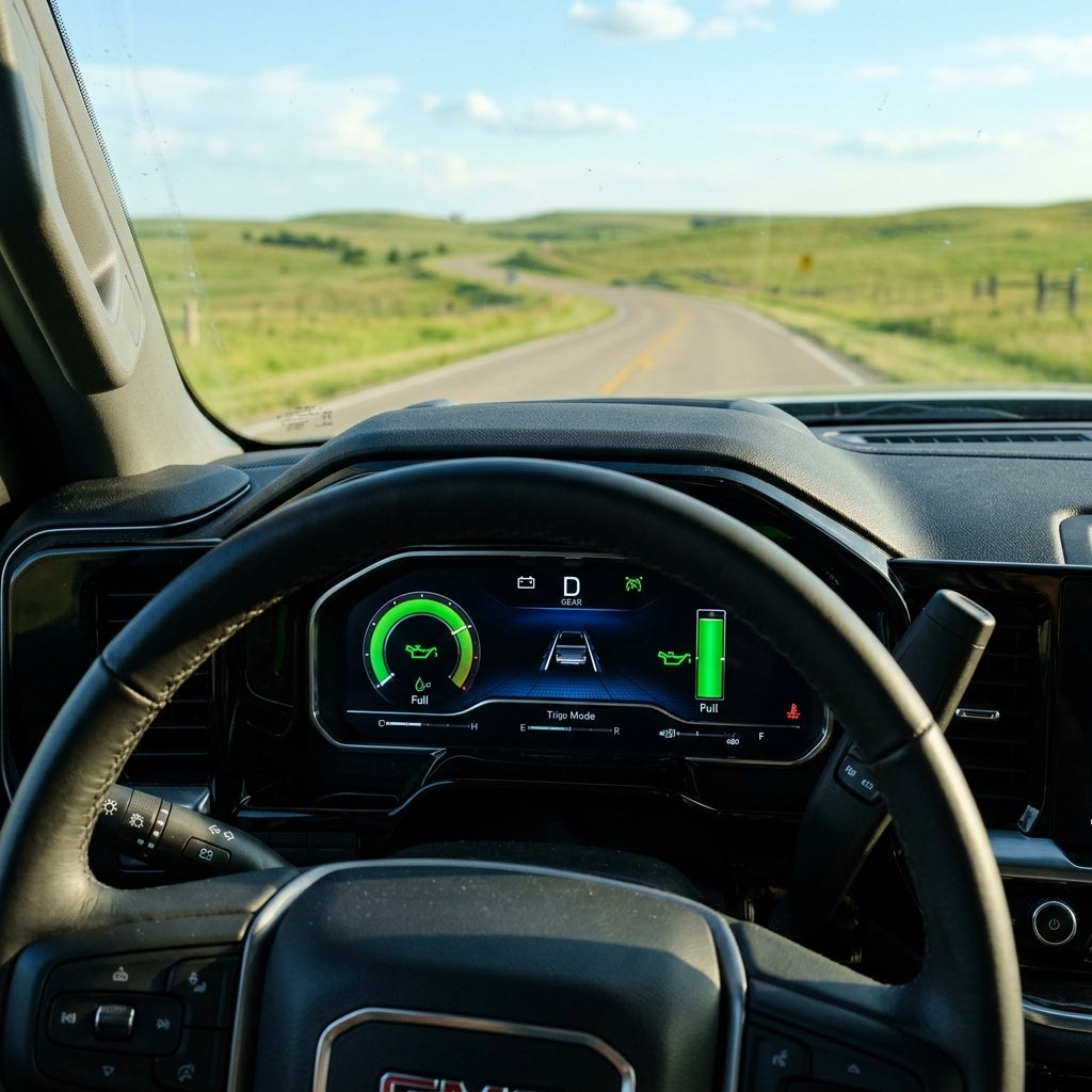 Driver's view inside a GMC vehicle cruising on a winding open road through green rolling hills. (Representative image for illustration purposes only. Actual vehicle may vary based on trim and configuration.)