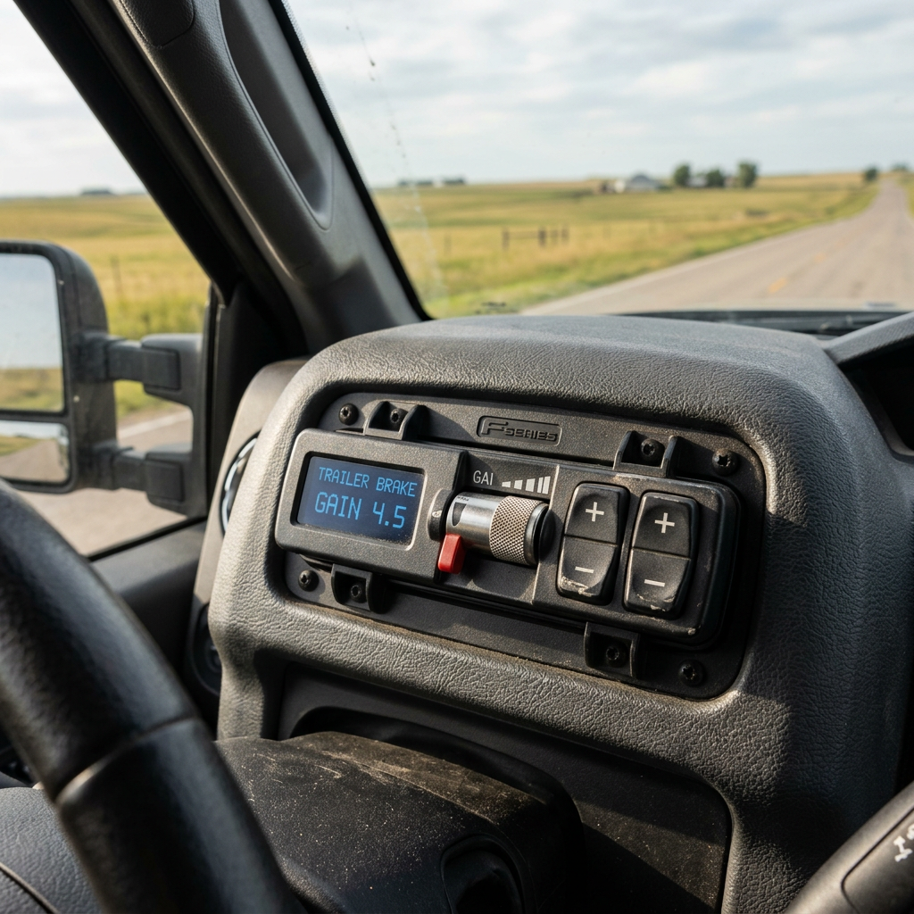 Integrated trailer brake controller mounted on a truck dashboard showing a gain setting of 4.5. (Representative image for illustration purposes only. Actual vehicle may vary based on trim and configuration.)