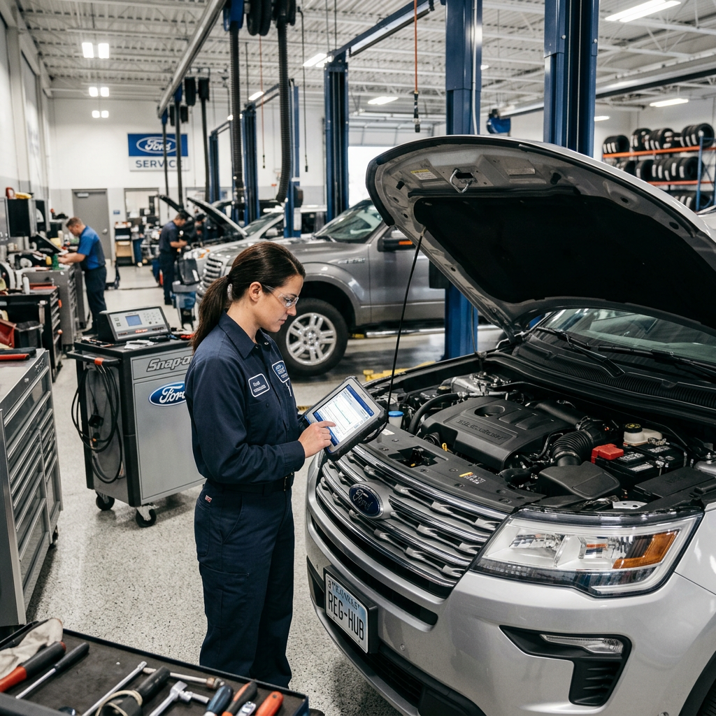 A female Ford technician uses a diagnostic tablet while working on a car in a service bay. (Representative image for illustration purposes only. Actual vehicle may vary based on trim and configuration.)