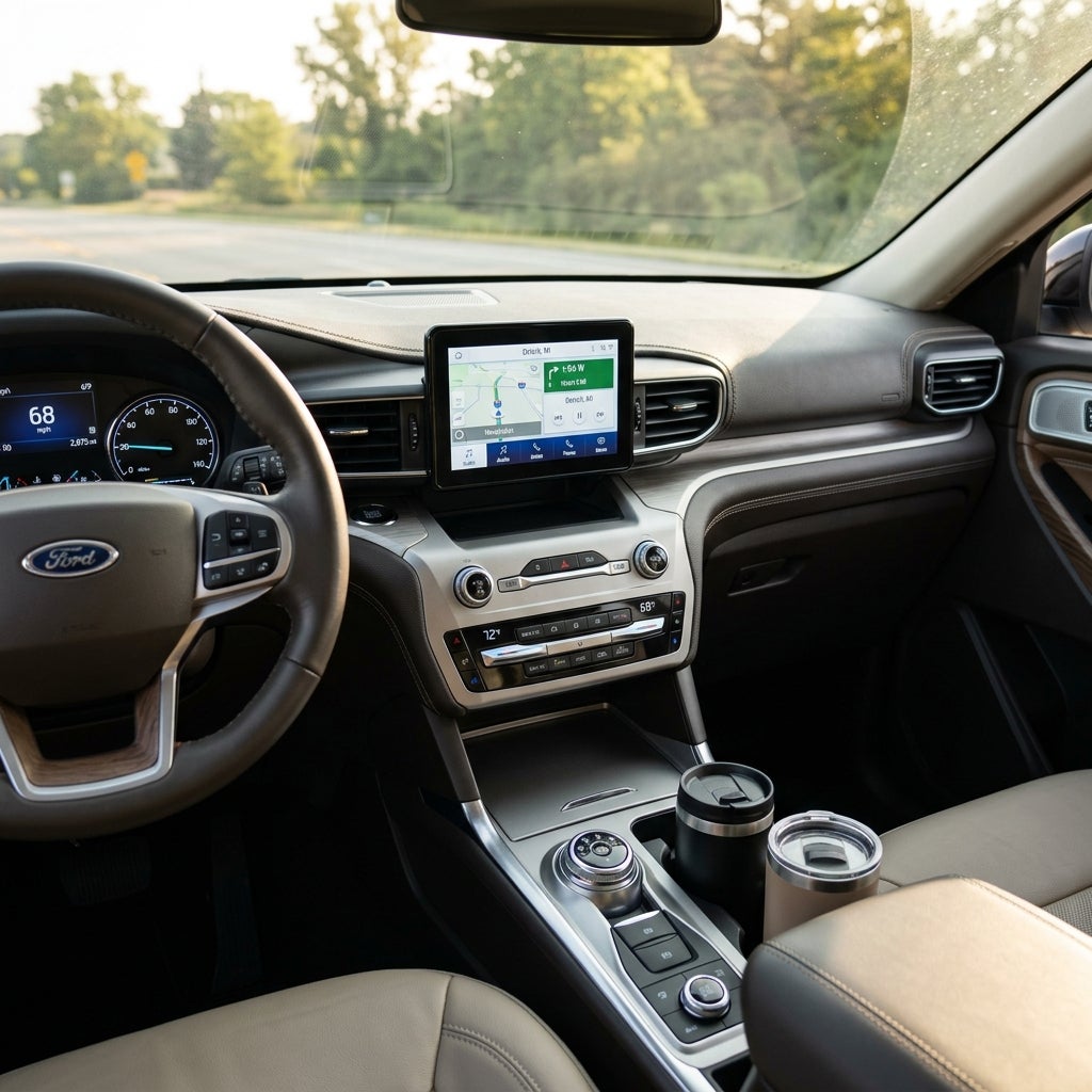 Interior view of a Ford SUV dashboard featuring a digital instrument cluster, touchscreen navigation, and center console. (Representative image for illustration purposes only. Actual vehicle may vary based on trim and configuration.)