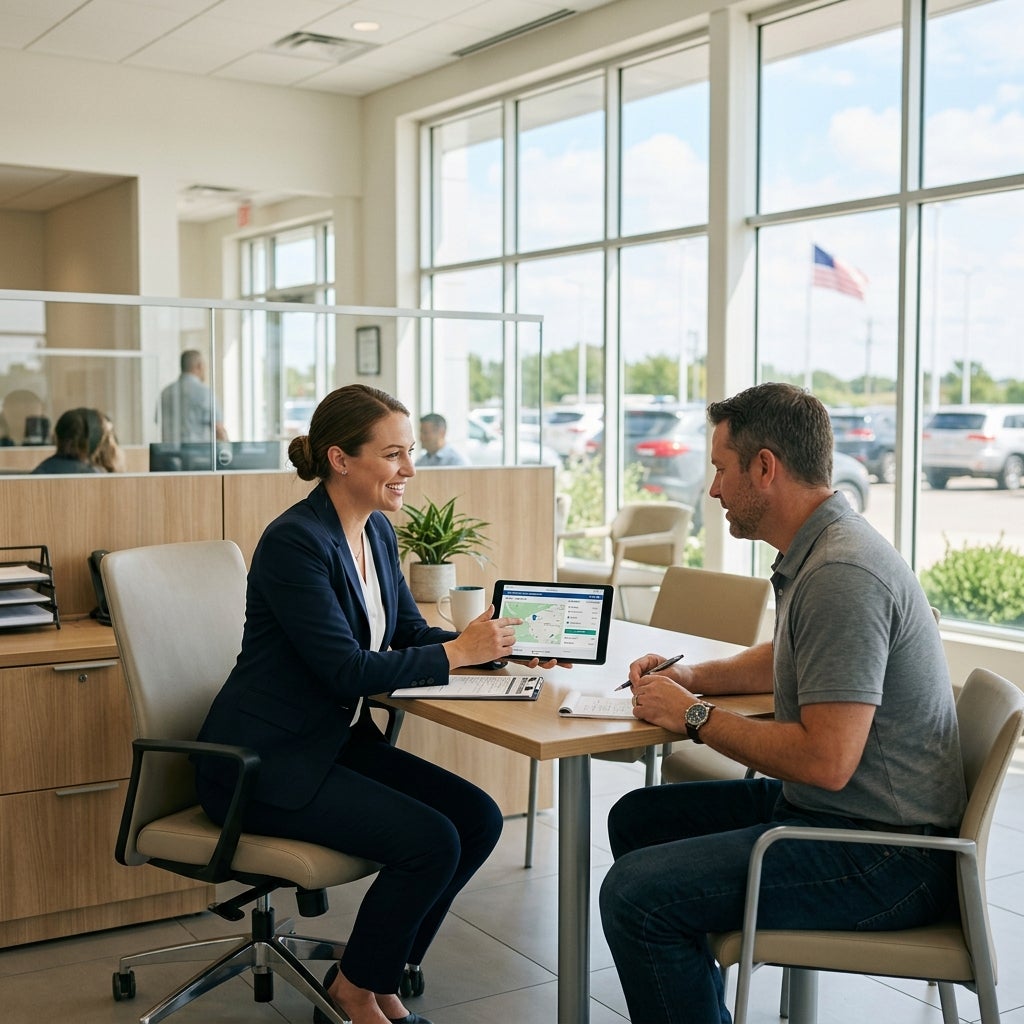 A female sales advisor in a suit points at a tablet screen while talking to a seated male customer across a desk. (Representative image for illustration purposes only. Actual vehicle may vary based on trim and configuration.)