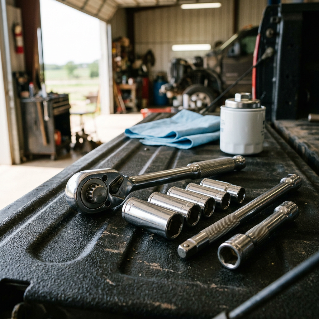 Socket set, ratchet wrench, and oil filter lying on a black truck tailgate in a workshop garage. (Representative image for illustration purposes only. Actual vehicle may vary based on trim and configuration.)