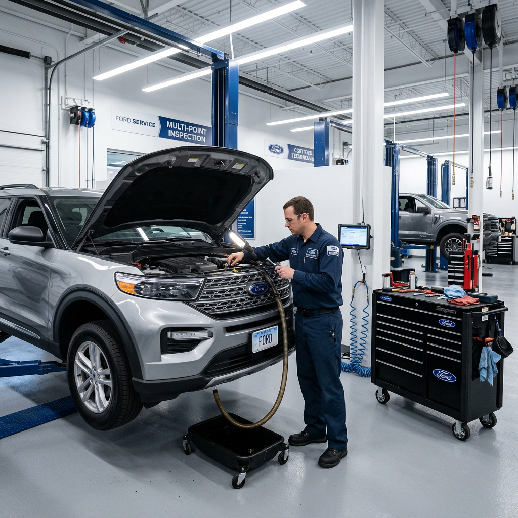 A Ford service technician performs maintenance on a silver SUV in a well-lit dealership service bay. (Representative image for illustration purposes only. Actual vehicle may vary based on trim and configuration.)