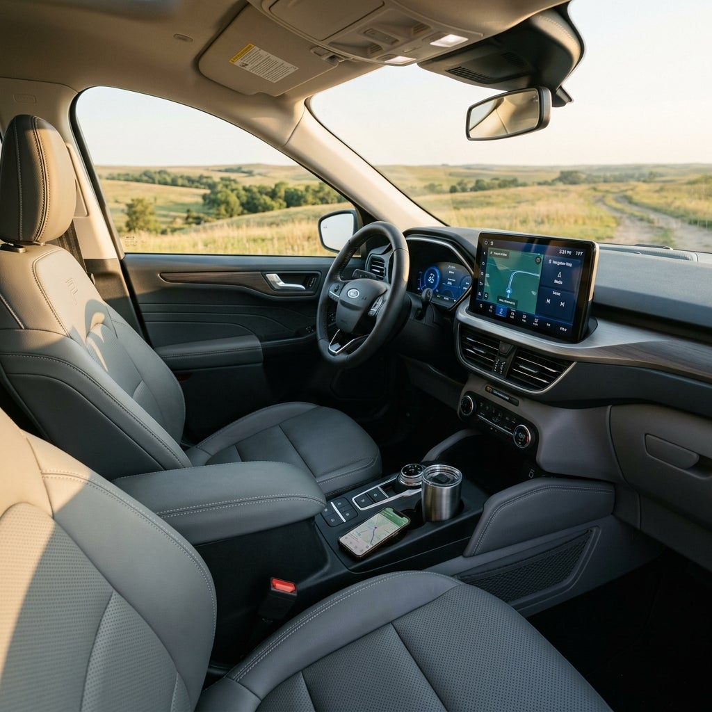 Interior of a modern car featuring grey leather seats, a digital dashboard navigation screen, and a scenic countryside view. (Representative image for illustration purposes only. Actual vehicle may vary based on trim and configuration.)