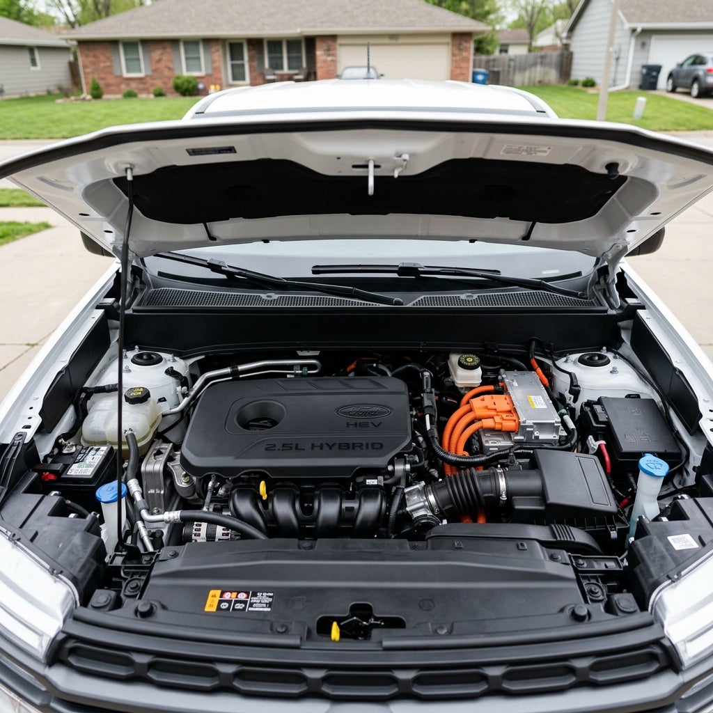 Close-up view of a Ford 2.5L Hybrid engine bay with the hood open. (Representative image for illustration purposes only. Actual vehicle may vary based on trim and configuration.)