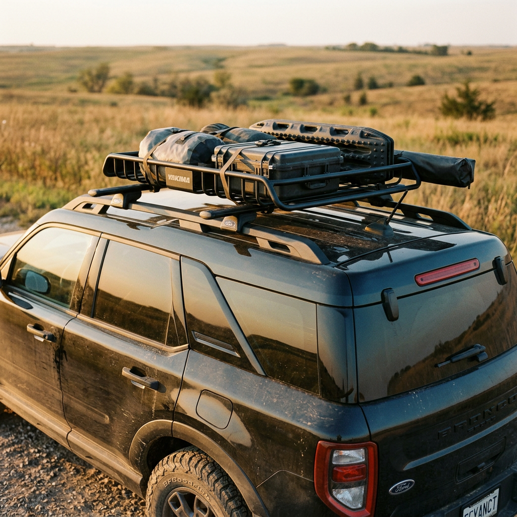 A black SUV equipped with a loaded Yakima roof basket parked in a grassy field at sunset. (Representative image for illustration purposes only. Actual vehicle may vary based on trim and configuration.)