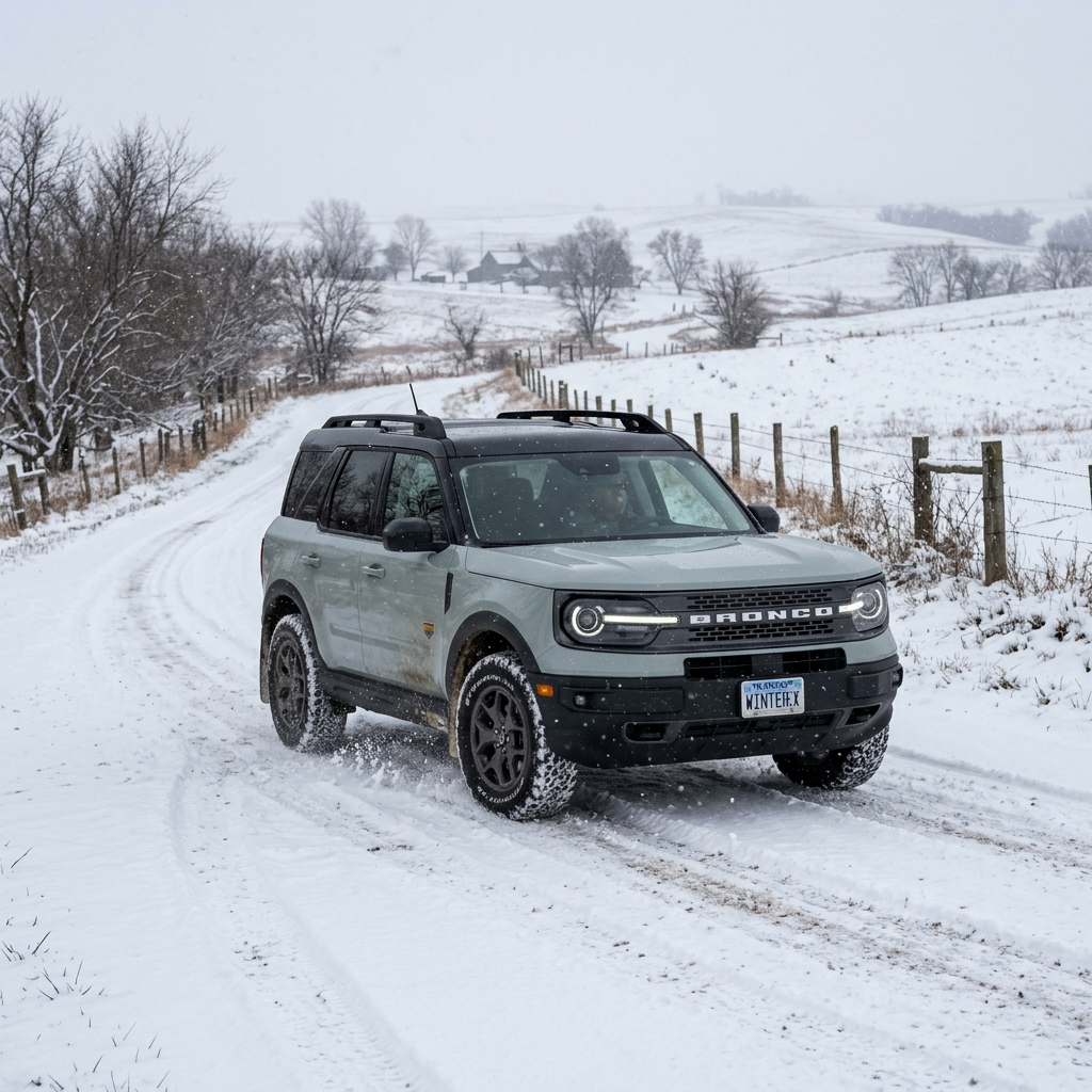 A light gray Ford Bronco Sport driving on a snow-covered dirt road through a winter countryside. (Representative image for illustration purposes only. Actual vehicle may vary based on trim and configuration.)