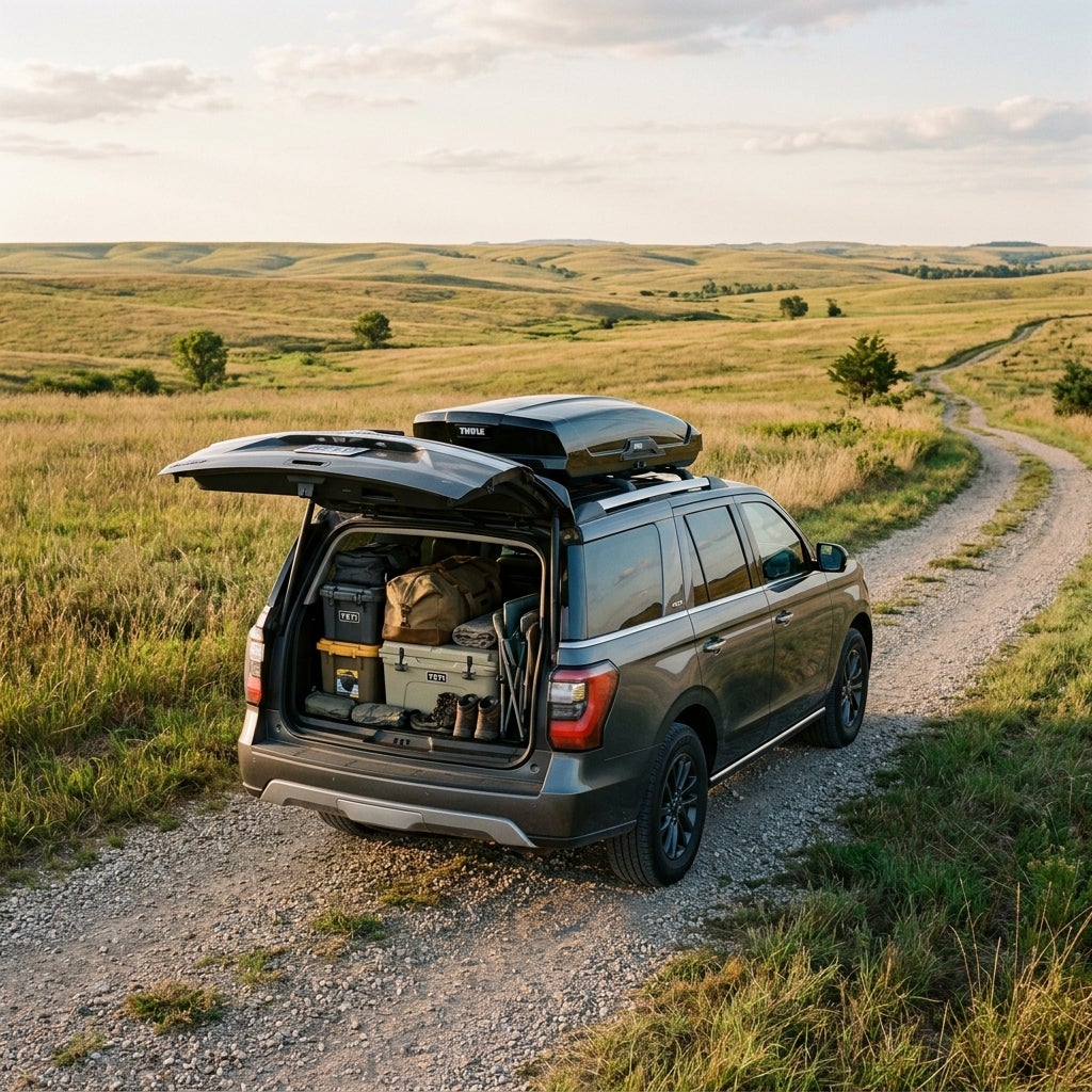 A dark grey SUV with an open tailgate packed with camping gear parked on a gravel trail in rolling green hills. (Representative image for illustration purposes only. Actual vehicle may vary based on trim and configuration.)