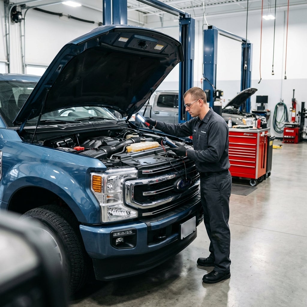 A mechanic in a grey uniform uses a diagnostic tool to inspect the engine of a blue Ford truck with its hood open. (Representative image for illustration purposes only. Actual vehicle may vary based on trim and configuration.)
