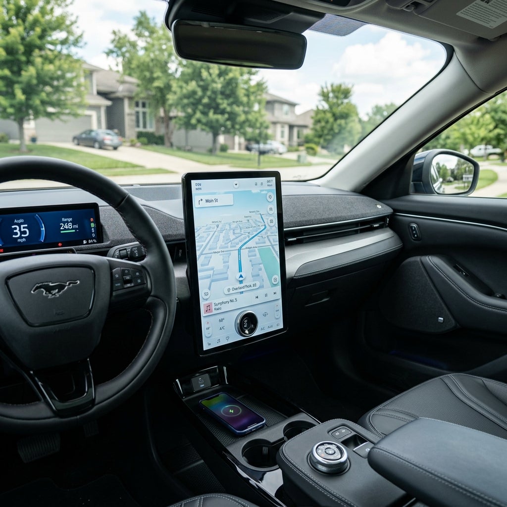 Interior of a Ford Mustang Mach-E showing a large vertical touchscreen, digital cluster, and wireless phone charger. (Representative image for illustration purposes only. Actual vehicle may vary based on trim and configuration.)