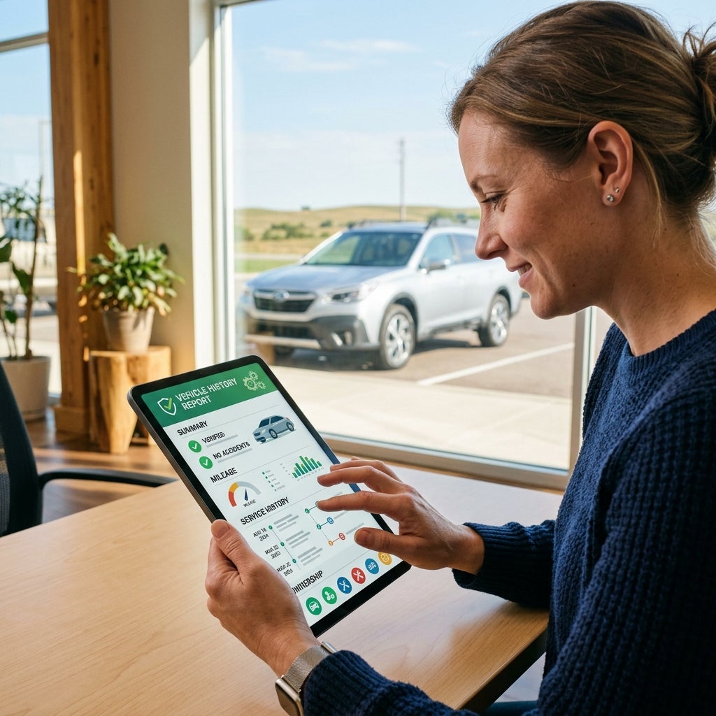 Woman reviewing a digital vehicle history report on a tablet near a window overlooking a parked SUV. (Representative image for illustration purposes only. Actual vehicle may vary based on trim and configuration.)