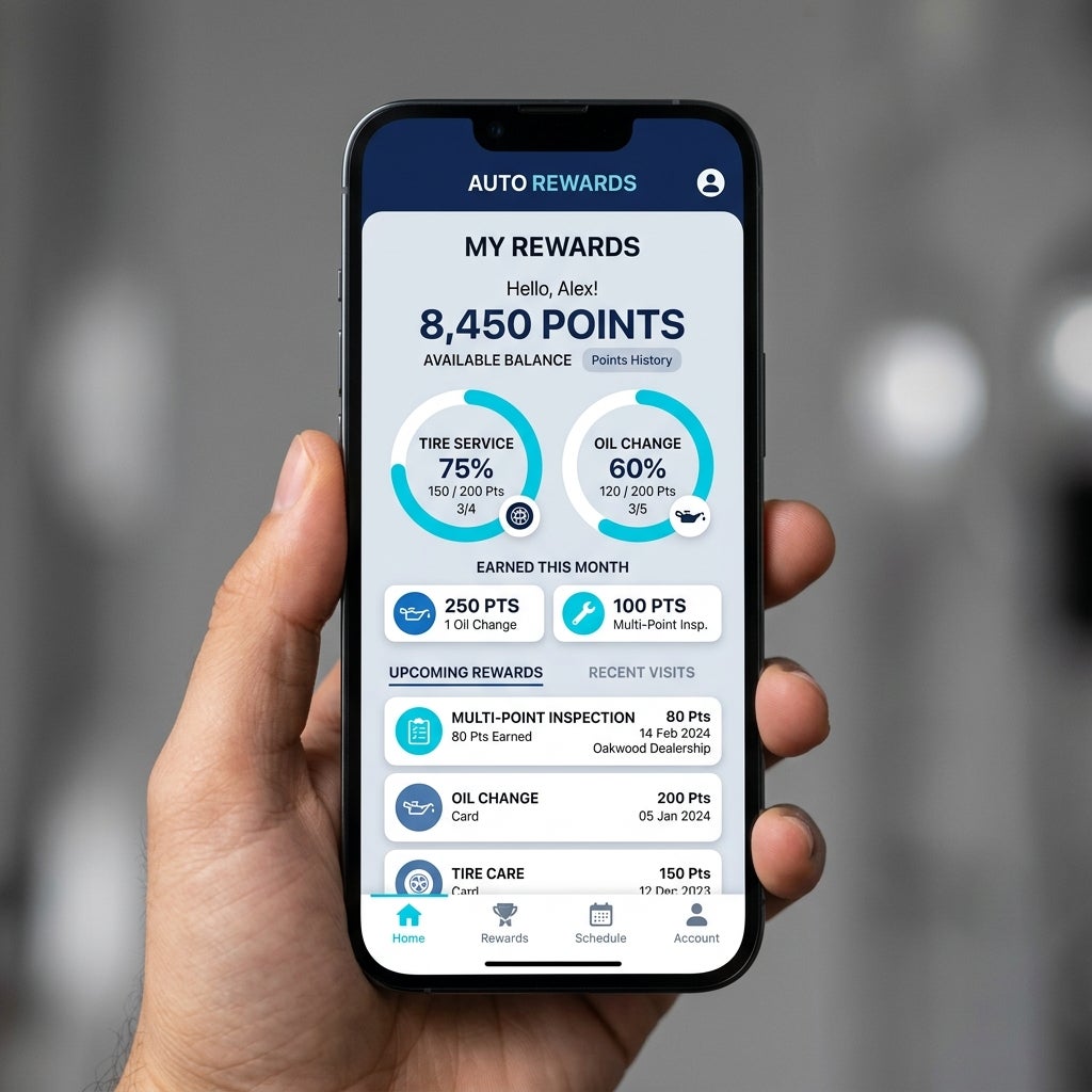 Hand holding a smartphone displaying an automotive rewards loyalty program mobile application interface. (Representative image for illustration purposes only. Actual vehicle may vary based on trim and configuration.)