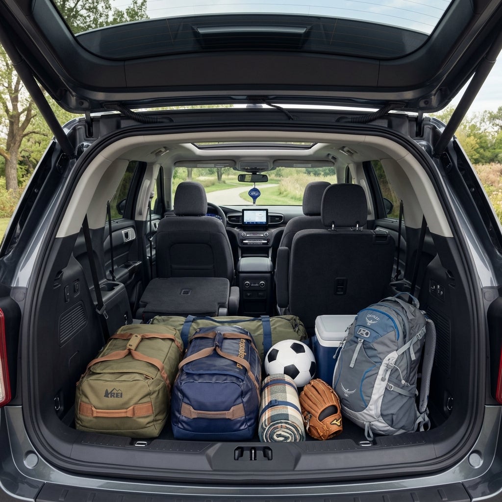 Open SUV trunk packed with duffel bags, an Osprey backpack, a soccer ball, a baseball glove, and a rolled blanket. (Representative image for illustration purposes only. Actual vehicle may vary based on trim and configuration.)