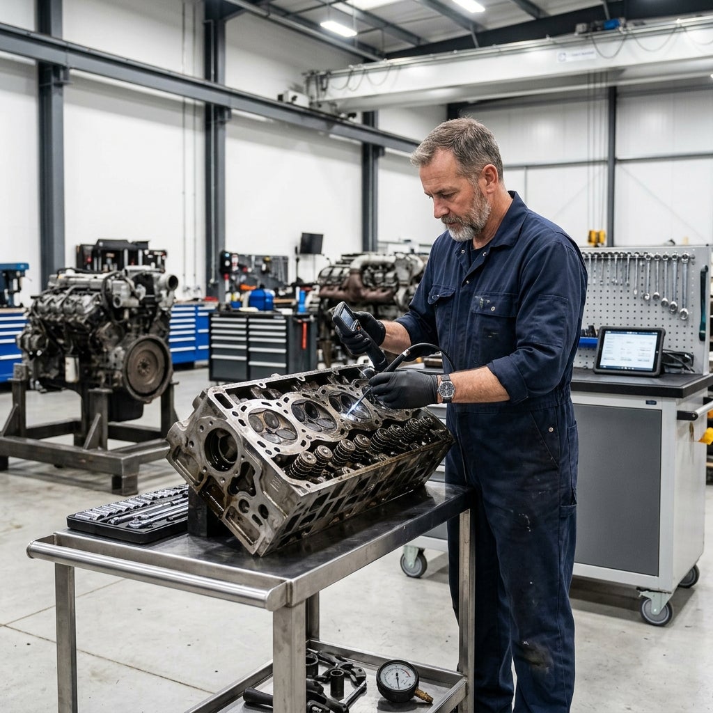 A mechanic in blue overalls uses a digital borescope to inspect an engine cylinder head on a metal workbench. (Representative image for illustration purposes only. Actual vehicle may vary based on trim and configuration.)