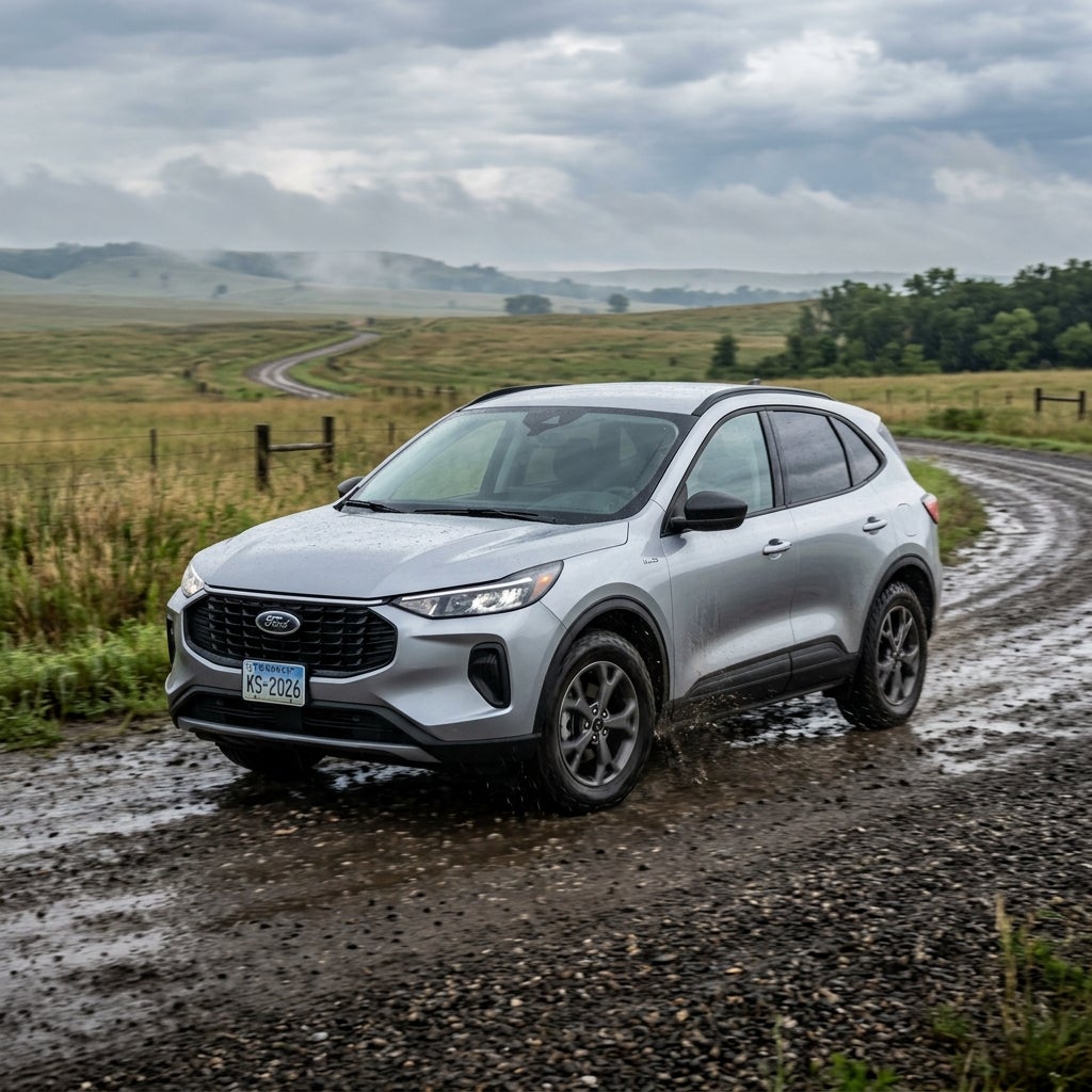 Silver Ford SUV driving through mud on a winding gravel road in a rural landscape under an overcast sky. (Representative image for illustration purposes only. Actual vehicle may vary based on trim and configuration.)