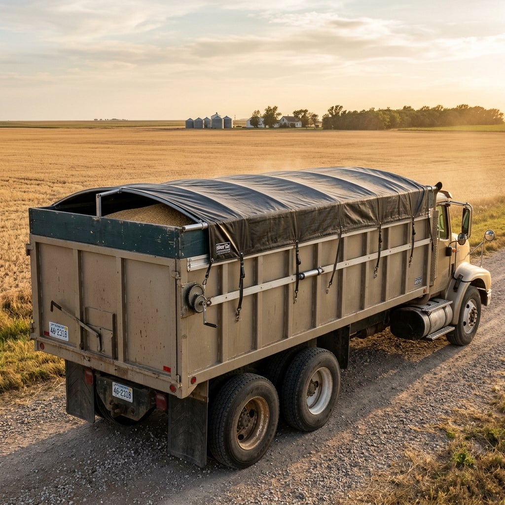 A large grain truck loaded with harvested wheat parked on a dirt road near a rural farm at sunset. (Representative image for illustration purposes only. Actual vehicle may vary based on trim and configuration.)
