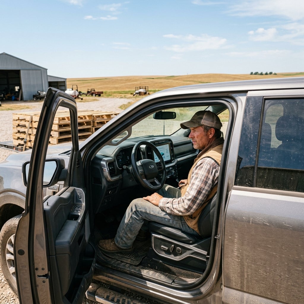 A farmer wearing a cap and plaid shirt sits in the driver's seat of a pickup truck with the door open on a farm. (Representative image for illustration purposes only. Actual vehicle may vary based on trim and configuration.)