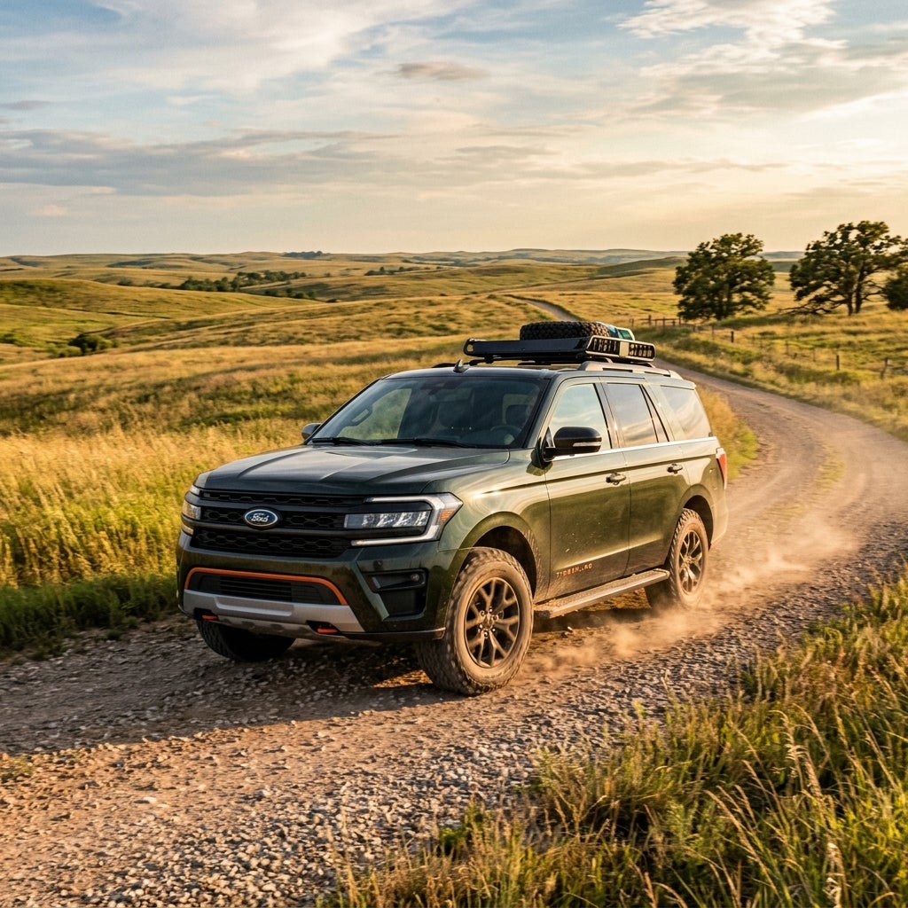 Dark green Ford Expedition Timberline SUV driving on a gravel road through rolling green hills. (Representative image for illustration purposes only. Actual vehicle may vary based on trim and configuration.)
