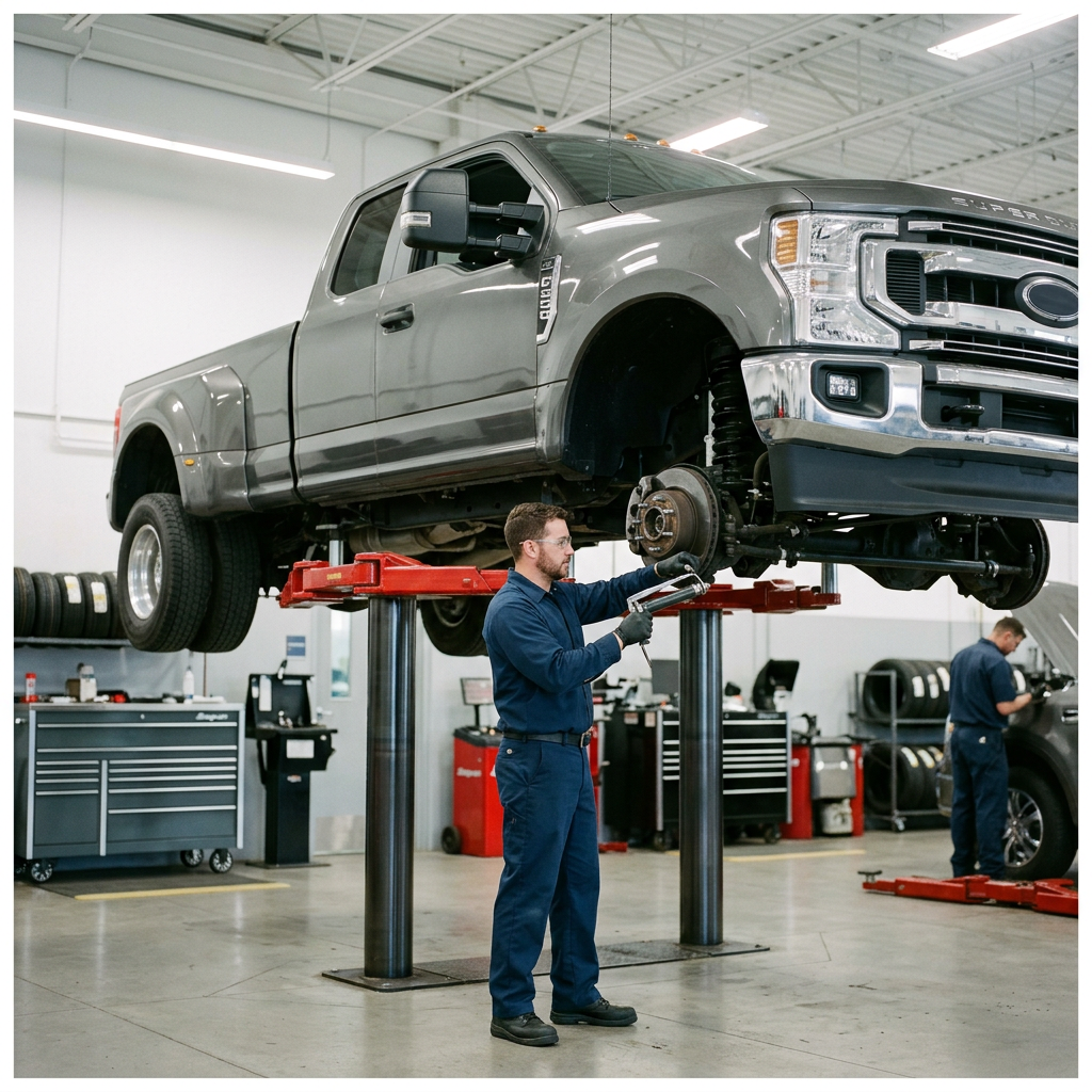 A mechanic working on the front brake assembly of a grey Ford Super Duty truck raised on a hydraulic lift. (Representative image for illustration purposes only. Actual vehicle may vary based on trim and configuration.)