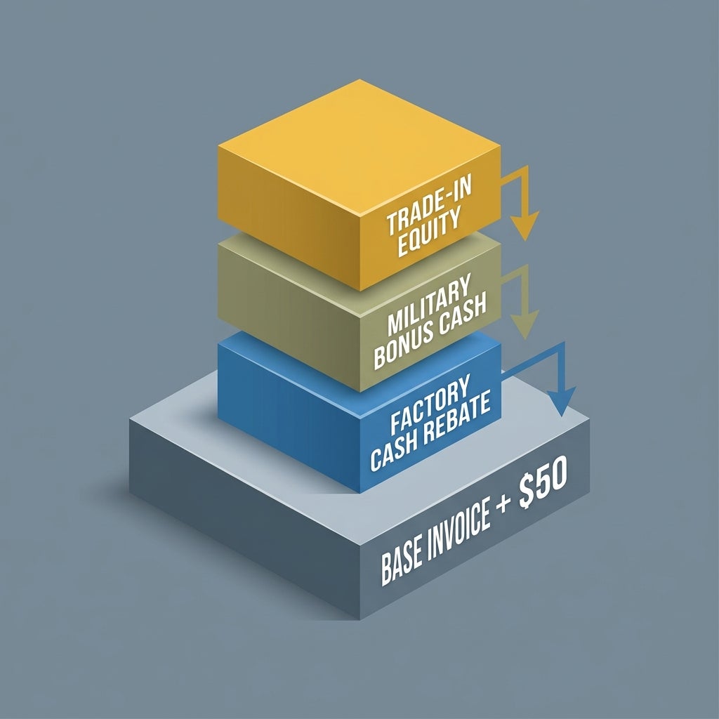 3D stacked block diagram illustrating car buying discounts layered above a base invoice price. (Representative image for illustration purposes only. Actual vehicle may vary based on trim and configuration.)