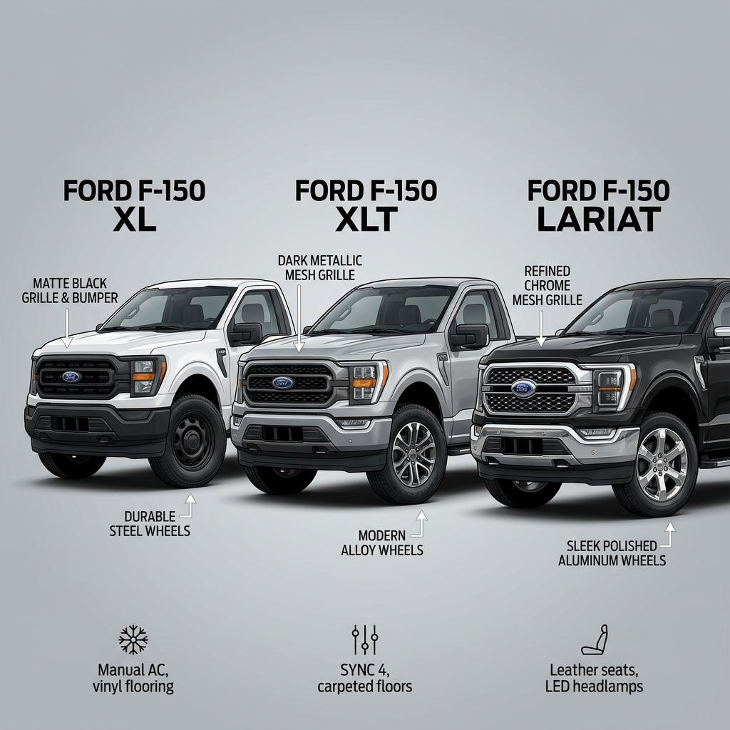 Comparison of Ford F-150 XL, XLT, and Lariat trim levels showing design and feature differences. (Representative image for illustration purposes only. Actual vehicle may vary based on trim and configuration.)