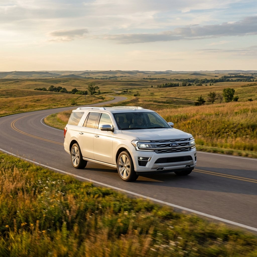 White Ford Expedition SUV driving on a winding countryside road through rolling green and gold hills. (Representative image for illustration purposes only. Actual vehicle may vary based on trim and configuration.)