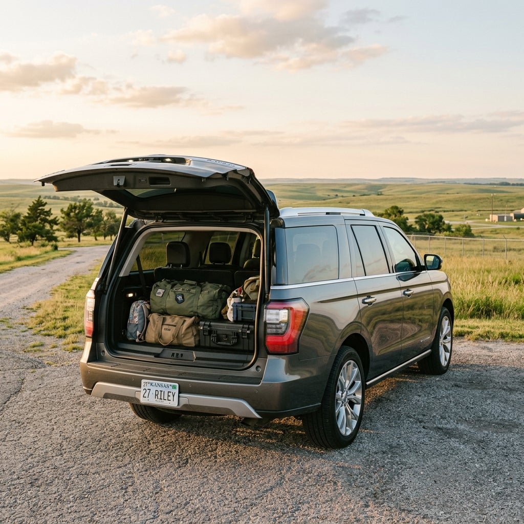 Open trunk of a gray SUV filled with duffel bags and travel gear, parked along a rural prairie road at sunset. (Representative image for illustration purposes only. Actual vehicle may vary based on trim and configuration.)