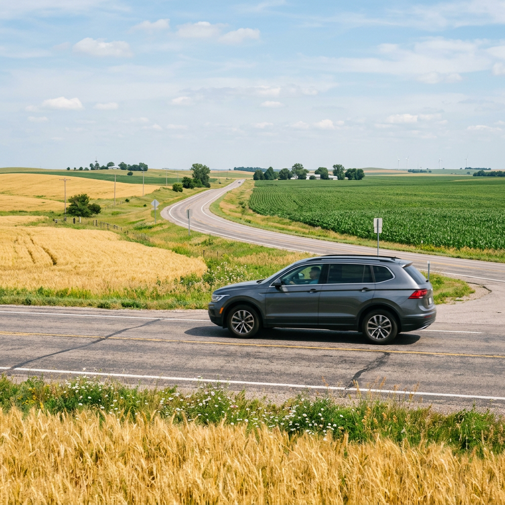 A gray SUV drives along a paved road through rolling green and golden fields under a blue sky. (Representative image for illustration purposes only. Actual vehicle may vary based on trim and configuration.)