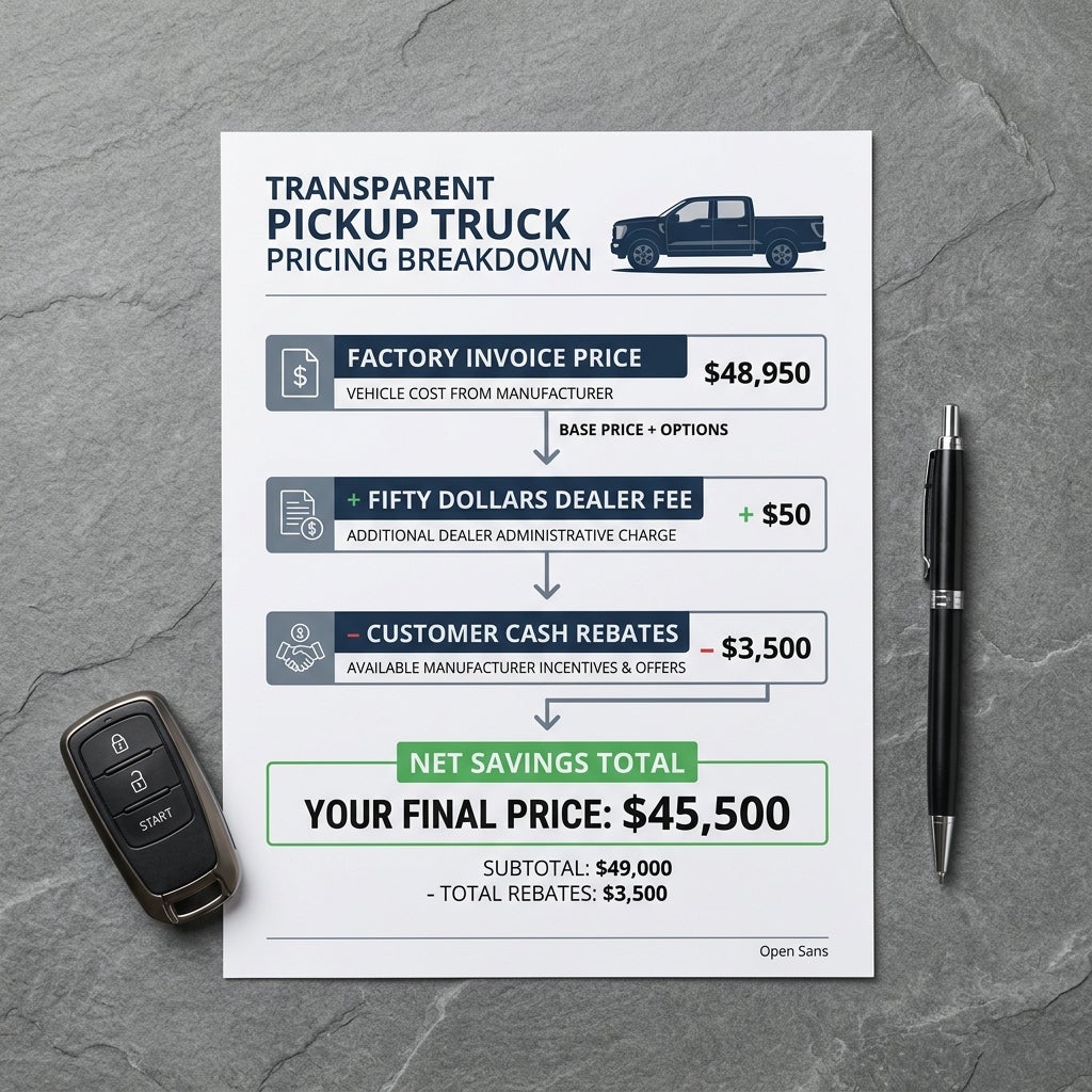 Flyer showing pickup truck pricing breakdown next to a car key fob and pen on a stone background. (Representative image for illustration purposes only. Actual vehicle may vary based on trim and configuration.)