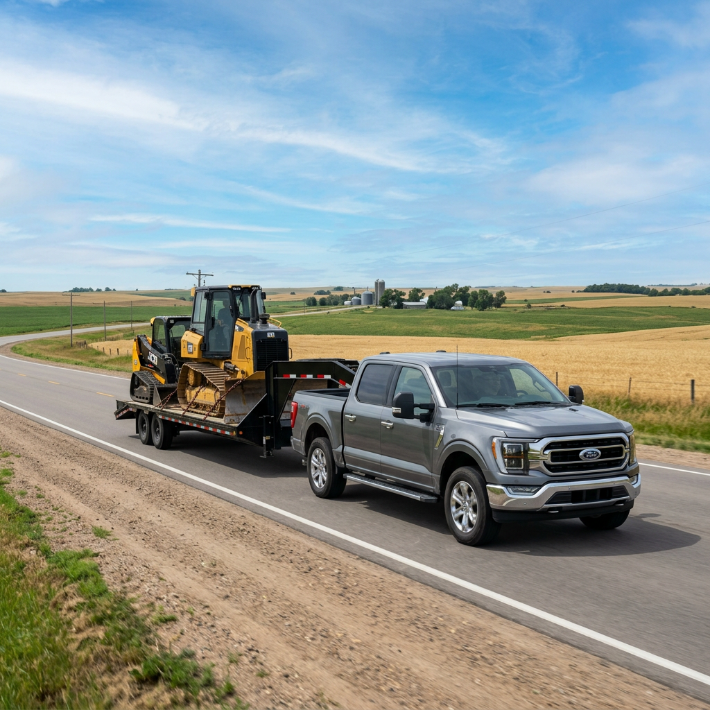 A gray Ford F-150 truck towing a flatbed trailer with a yellow bulldozer on a rural paved road. (Representative image for illustration purposes only. Actual vehicle may vary based on trim and configuration.)