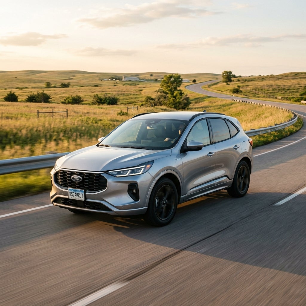 A silver Ford Escape SUV drives along a winding paved road through scenic rolling hills at sunset. (Representative image for illustration purposes only. Actual vehicle may vary based on trim and configuration.)
