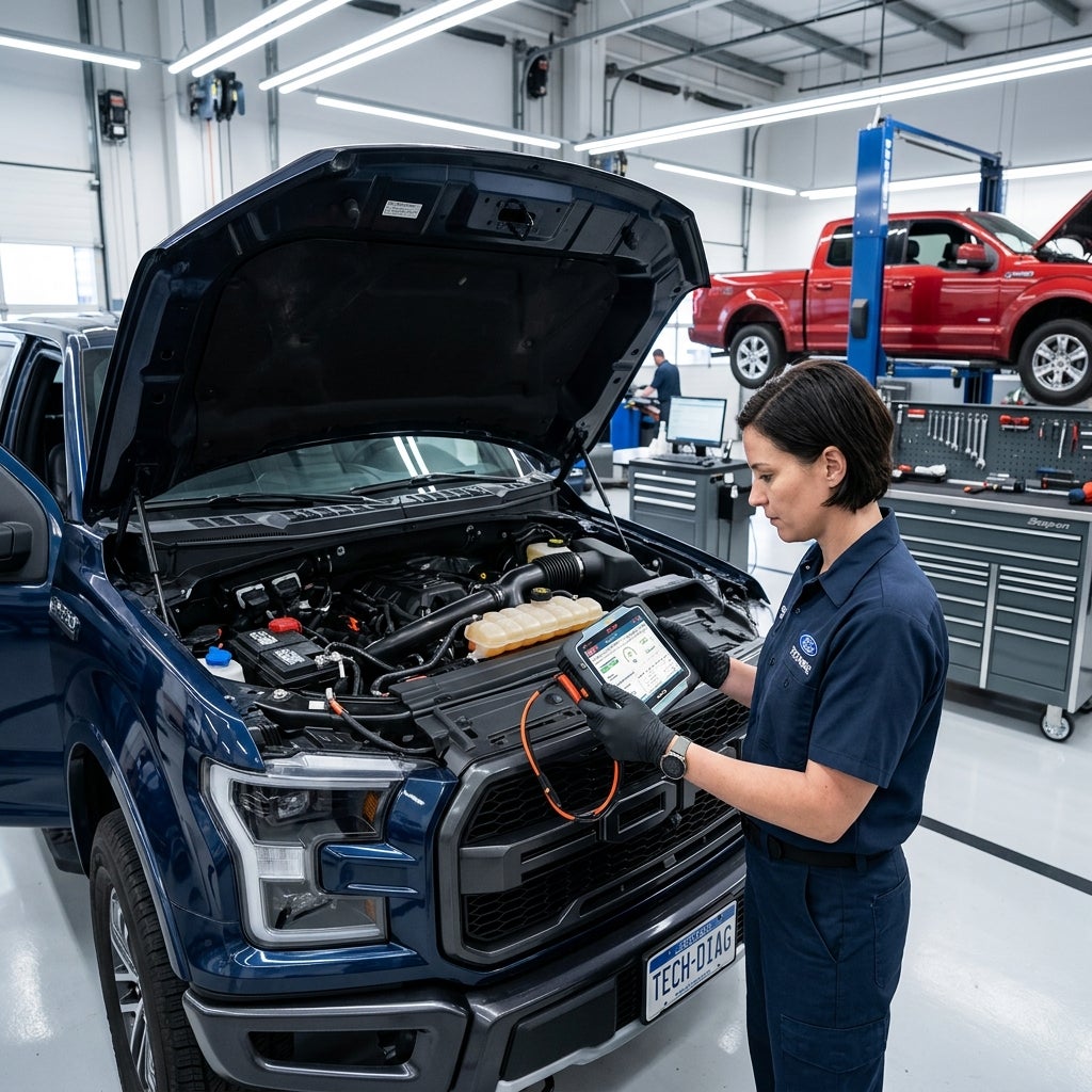 Female automotive technician using a digital diagnostic tablet connected to an open hood blue pickup truck in a shop. (Representative image for illustration purposes only. Actual vehicle may vary based on trim and configuration.)